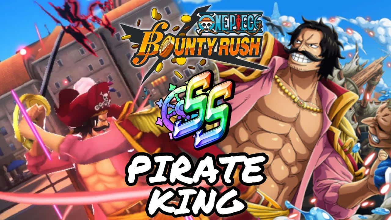King Of The Pirates 桌布 壁紙 — 一張充滿活力的動漫風格海報，描繪一位肌肉發達的海盜王，身穿粉紅色外套、留著鬍子，在遭受攻擊的城市背景下揮舞著發光的劍。
