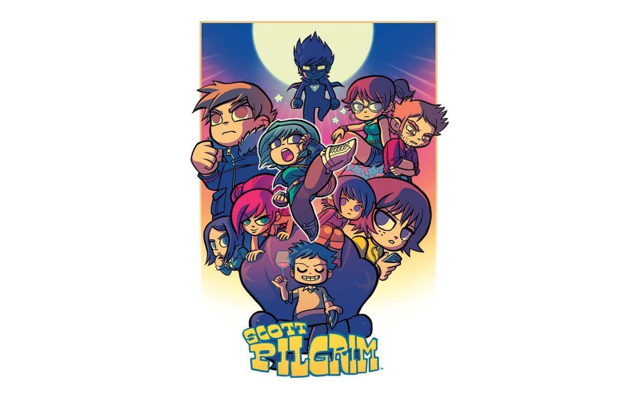 scott pilgim 桌布 壁紙 — 一張充滿活力的動漫風格海報，描繪一群色彩繽紛的角色，表情豐富，背景是漸變天空和一輪滿月。