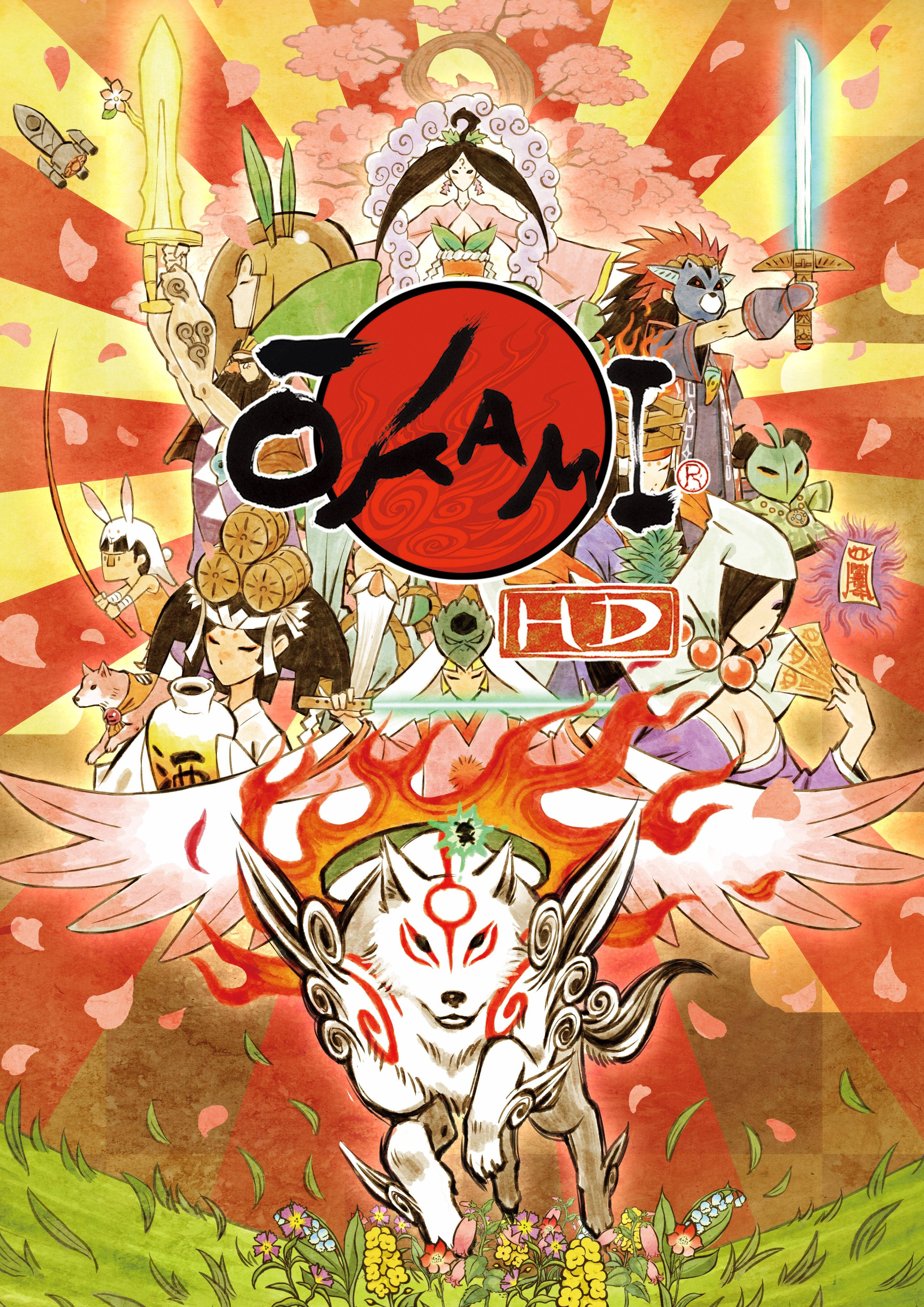 Okami 桌布 壁紙 — 一張充滿活力的動漫風格海報，描繪一隻帶有紅色標記的白狐神向前跳躍，周圍環繞著各種角色，背景是燦爛的陽光和櫻花。