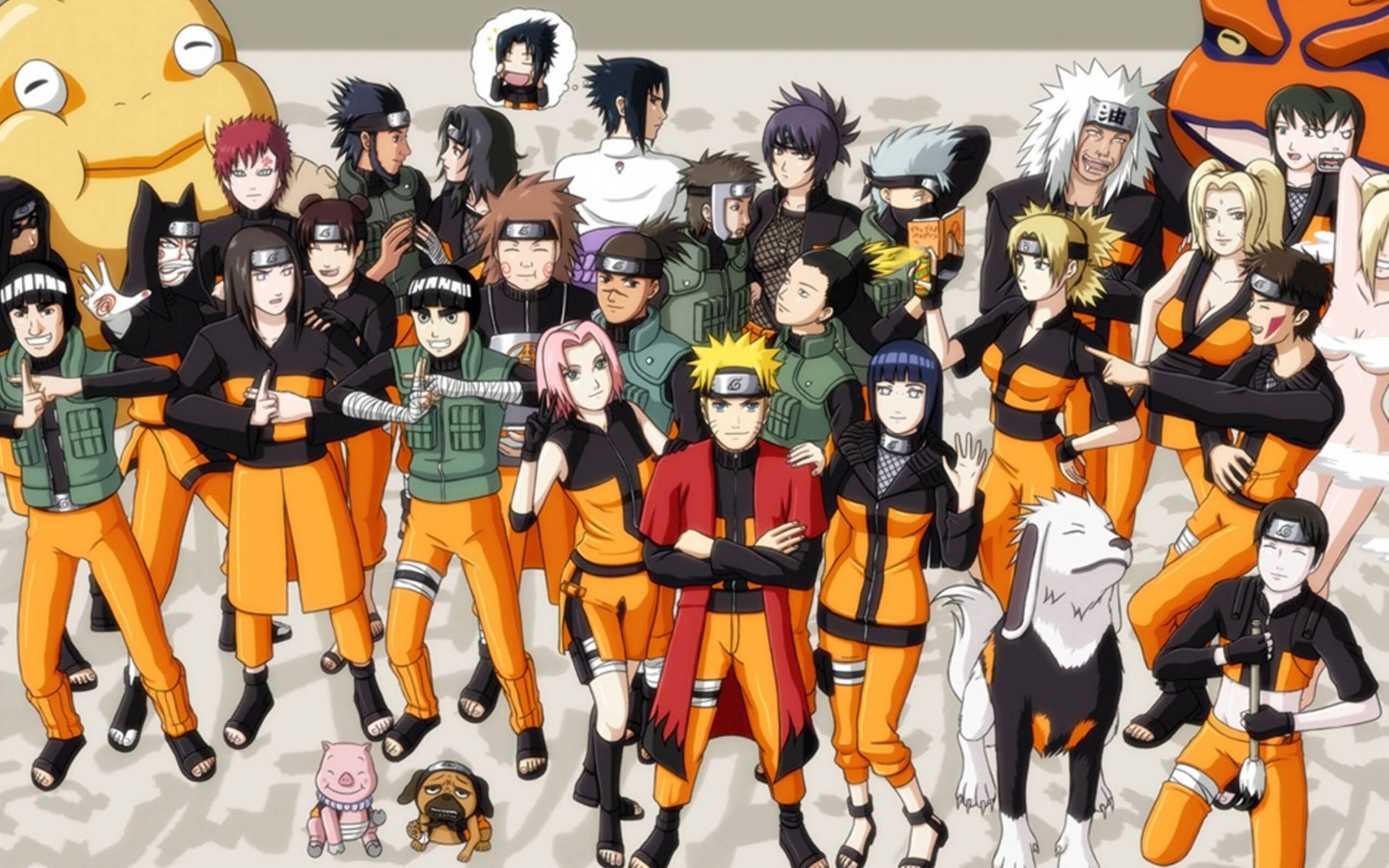 girls 桌布 壁紙 — 一張充滿活力的動畫團體照，Naruto角色穿著橙色和綠色忍者裝備與寵物一起擺姿勢。
