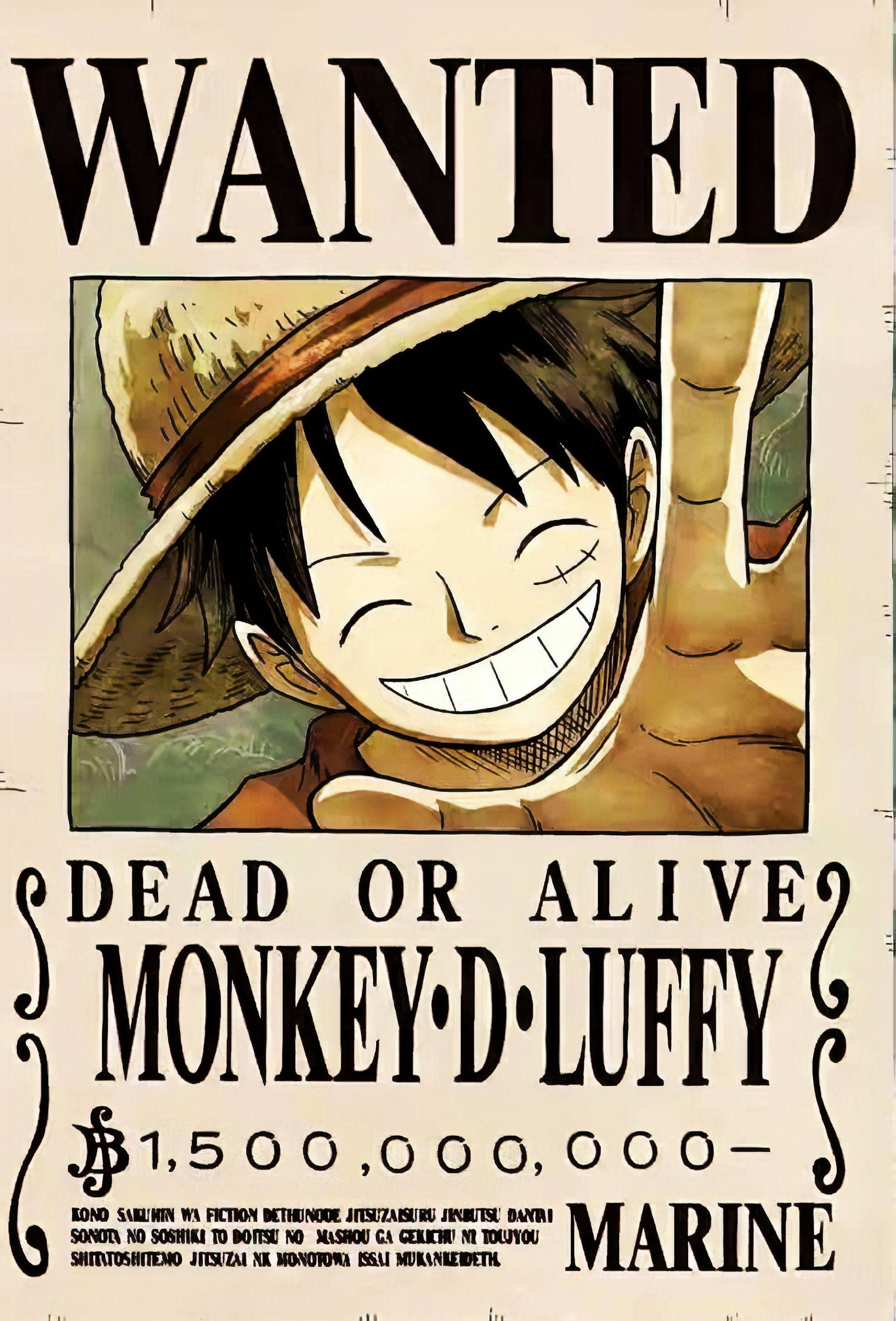 luffy smile 桌布 壁紙 — 一張充滿活力的動畫懸賞海報，描繪蒙奇·D·魯夫在草帽下咧嘴大笑，配有粗體黑色文字和華麗裝飾。