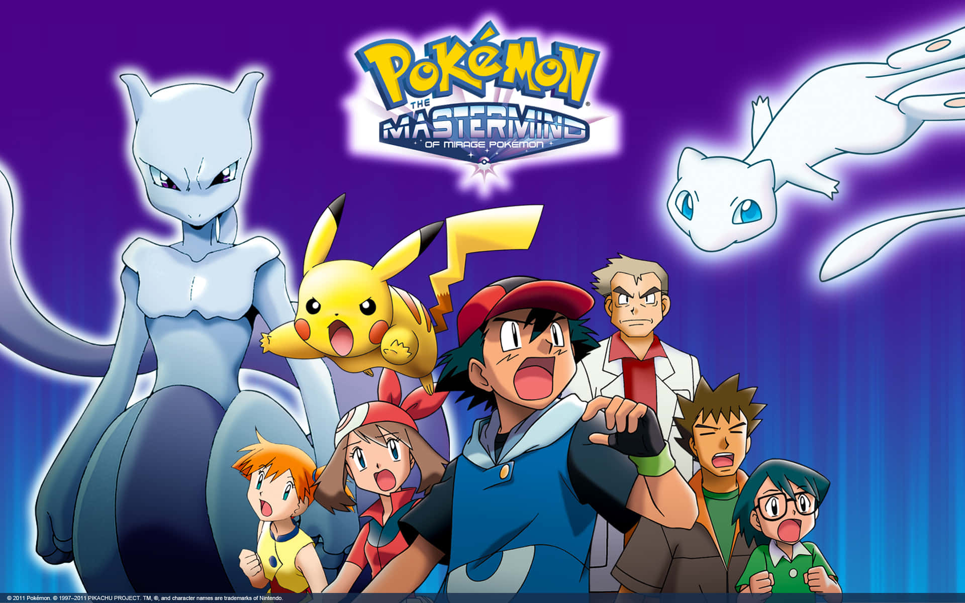 Pokemon Tv Shows 桌布 壁紙 — 一張充滿活力的動畫海報， featuring 皮卡丘和 Pokémon Mastermind 團隊對抗超夢和夢幻，背景為紫色和藍色漸變。