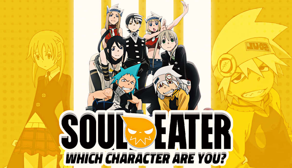Soul Eater 桌布 壁紙 — 一張充滿活力的動畫海報，以Soul Eater角色為特色，背景為大膽的黃色，標題突出顯示。
