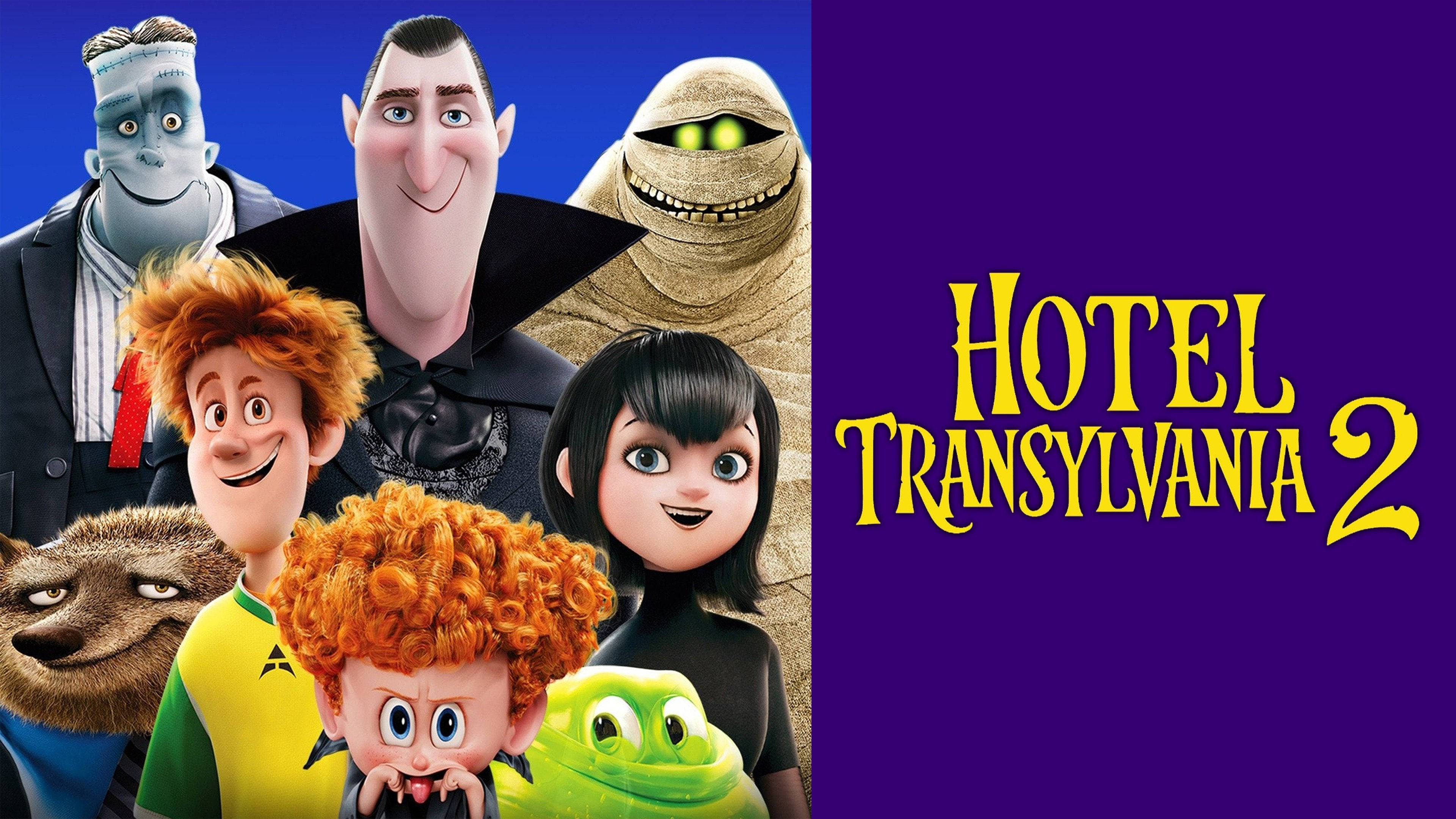 Animated 桌布 壁紙 — 一張充滿活力的動畫海報，以紫色背景突顯《Hotel Transylvania 2》中的標誌性怪物角色。