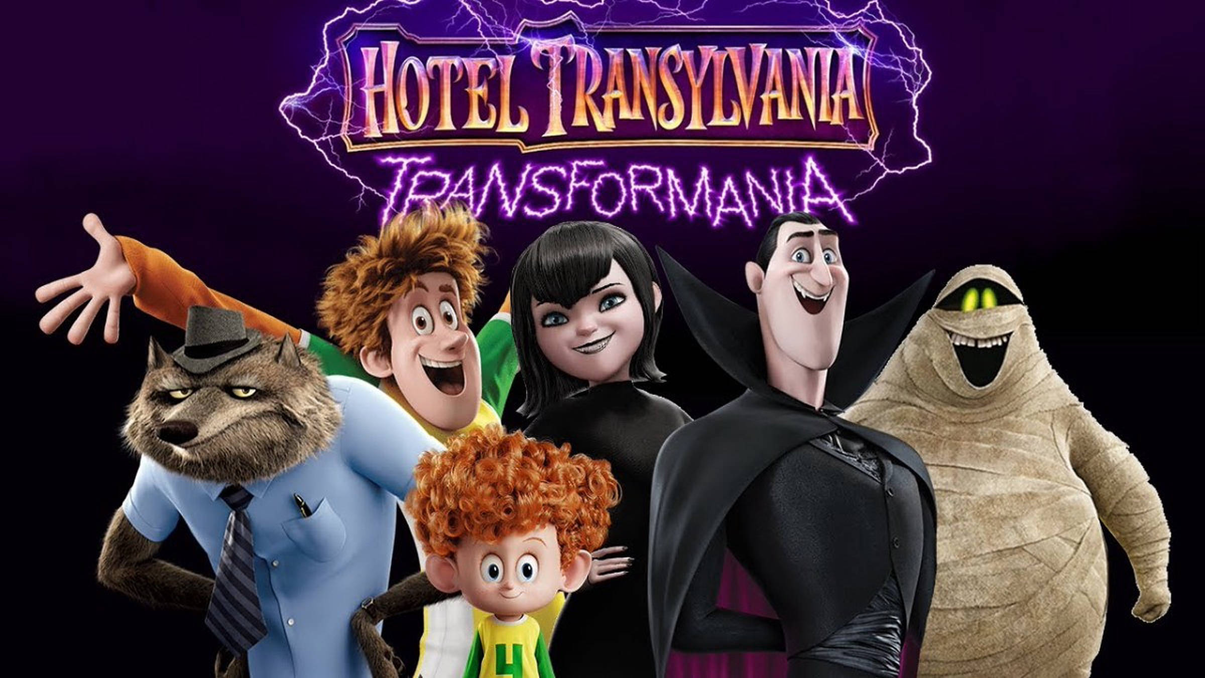 hotel transylvania transformania 桌布 壁紙 — 一張充滿活力的動畫海報，以紫色閃電為背景，展示《Hotel Transylvania Transformania》的主要角色。