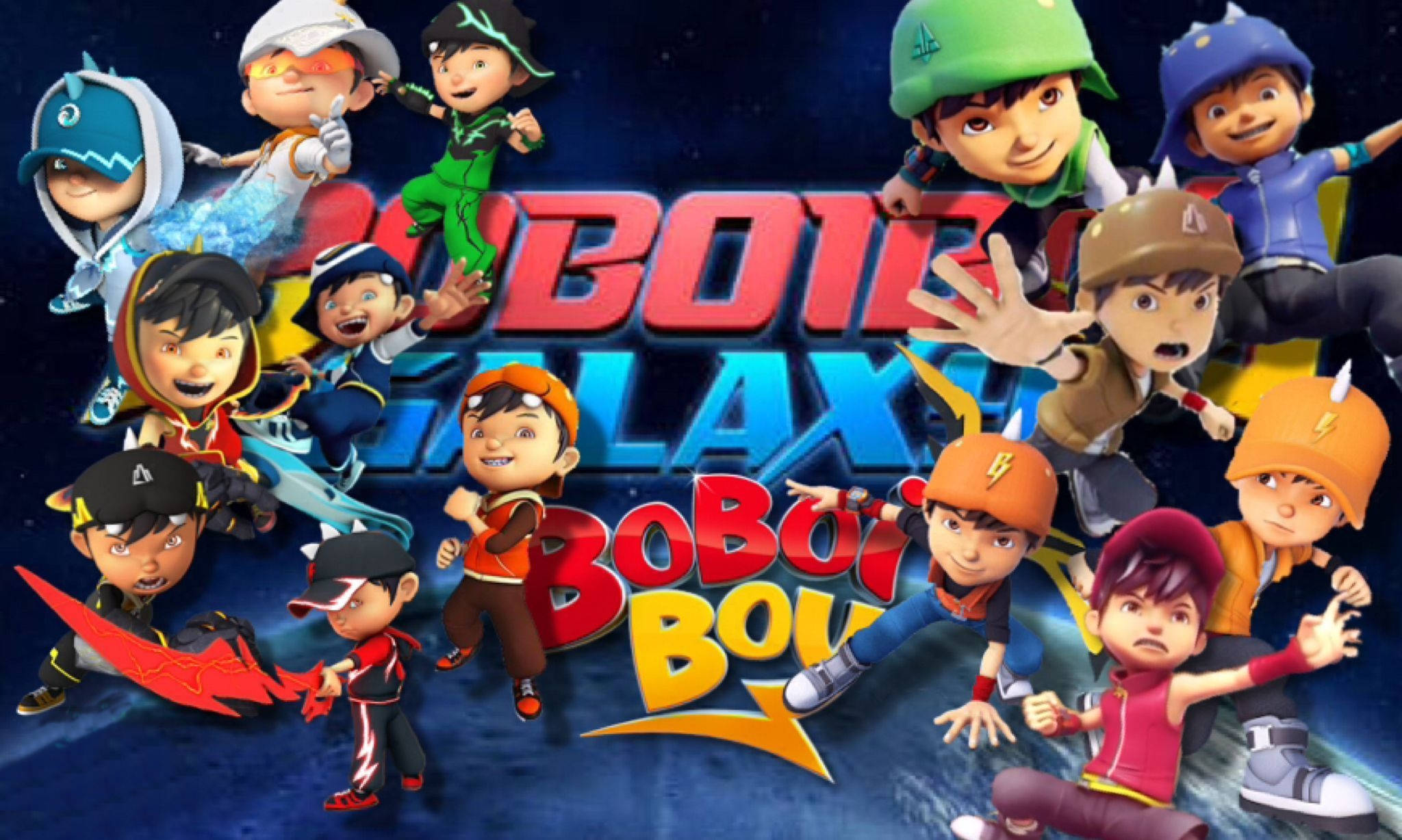 Cartoon Boy 桌布 壁紙 — 一張充滿活力的動畫海報，展示Boboiboy Galaxy團隊在宇宙背景下的動感姿勢，並帶有醒目的彩色標題文字。