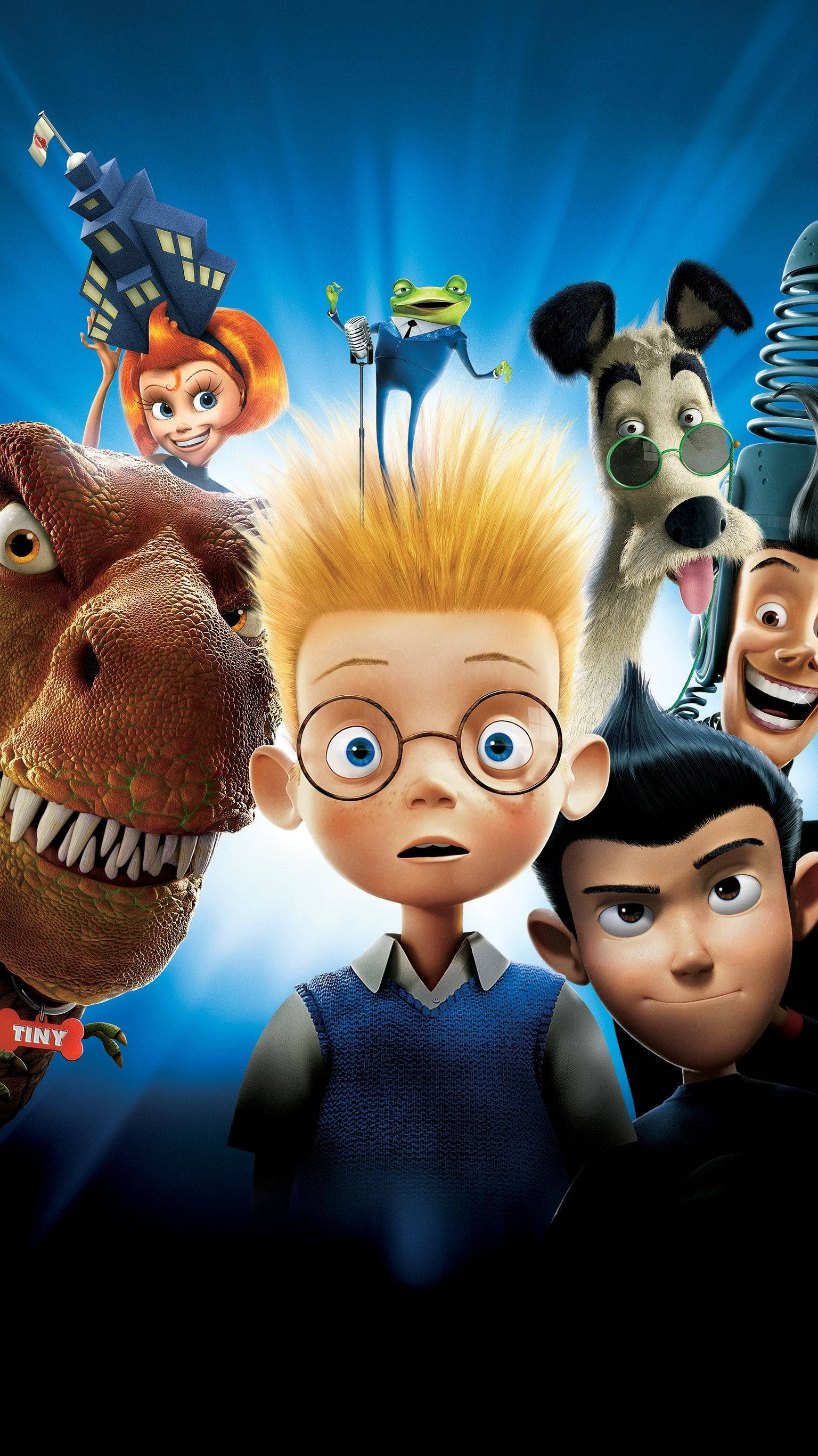 meet the robinsons 桌布 壁紙 — 一張充滿活力的動畫海報，展示一個驚訝的男孩被古怪的角色包圍，包括一隻恐龍青蛙和一隻戴眼鏡的狗，背景是燦爛的藍色。
