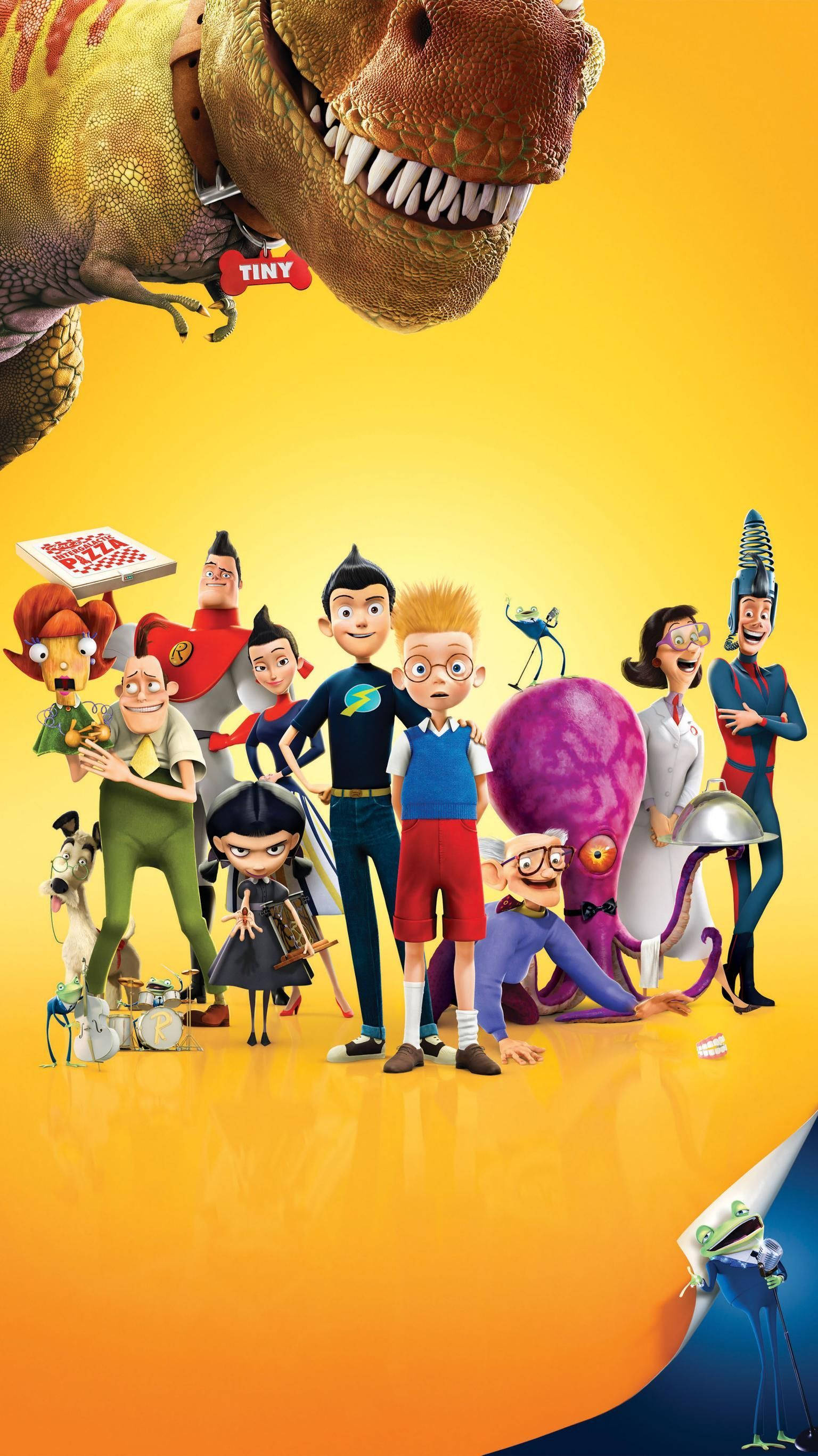 meet the robinsons 桌布 壁紙 — 一張充滿活力的動畫海報，展示一群古怪的角色，包括一隻巨大的恐龍和一隻紫色的章魚，背景是明亮的黃色漸變。