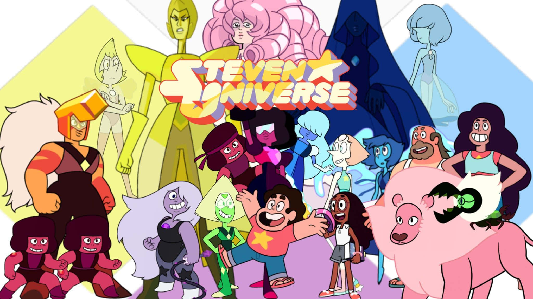 Steven Universe iPad 桌布 壁紙 — 一張充滿活力的動畫海報，展示了《史帝芬宇宙》色彩繽紛的角色們以動態群組姿勢站在一起。