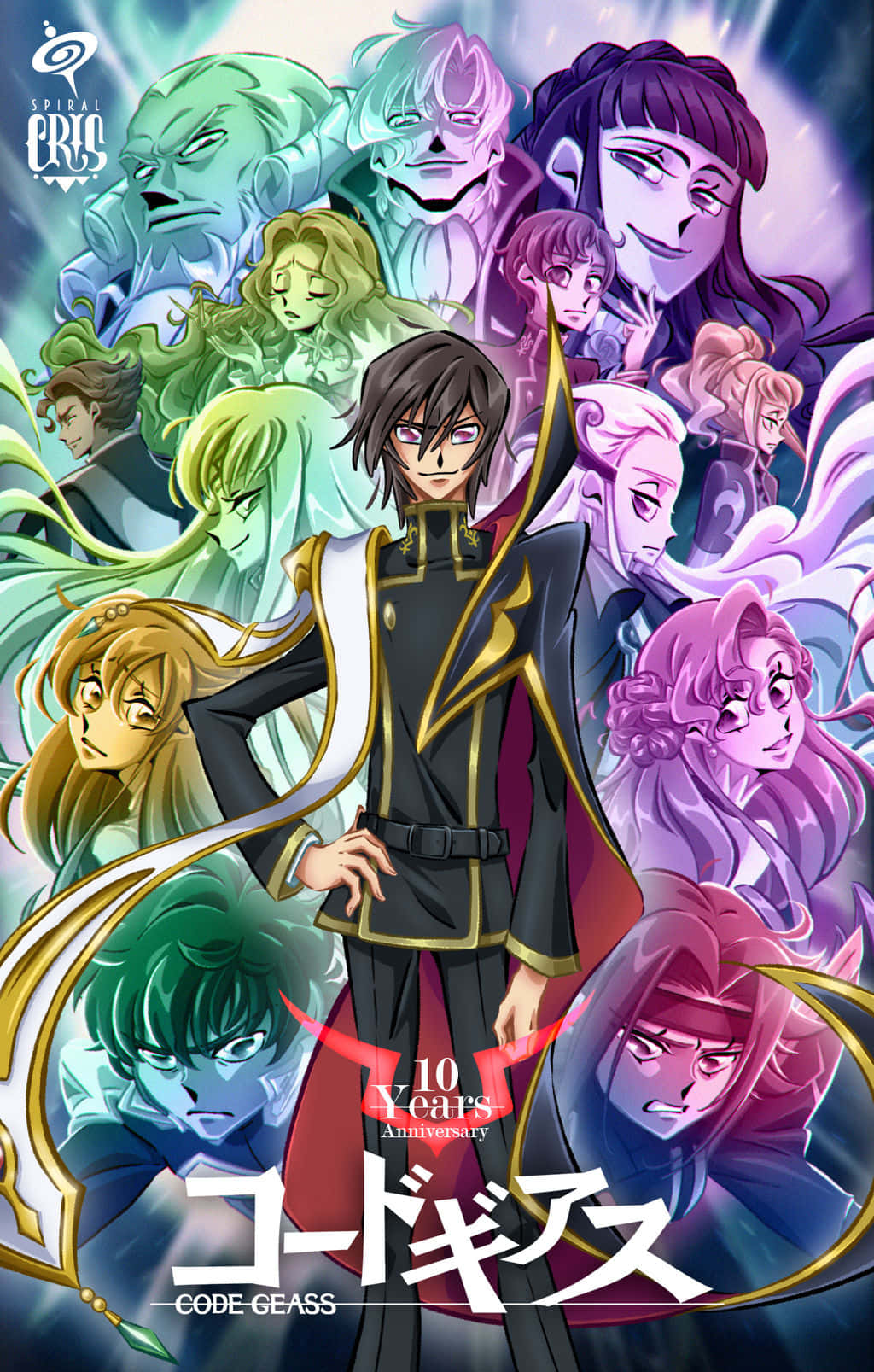 lelouch lamperouge 桌布 壁紙 — 一張充滿活力的動畫海報，慶祝《Code Geass》10週年，中心角色被各種色彩繽紛的角色環繞，背景是發光的宇宙。