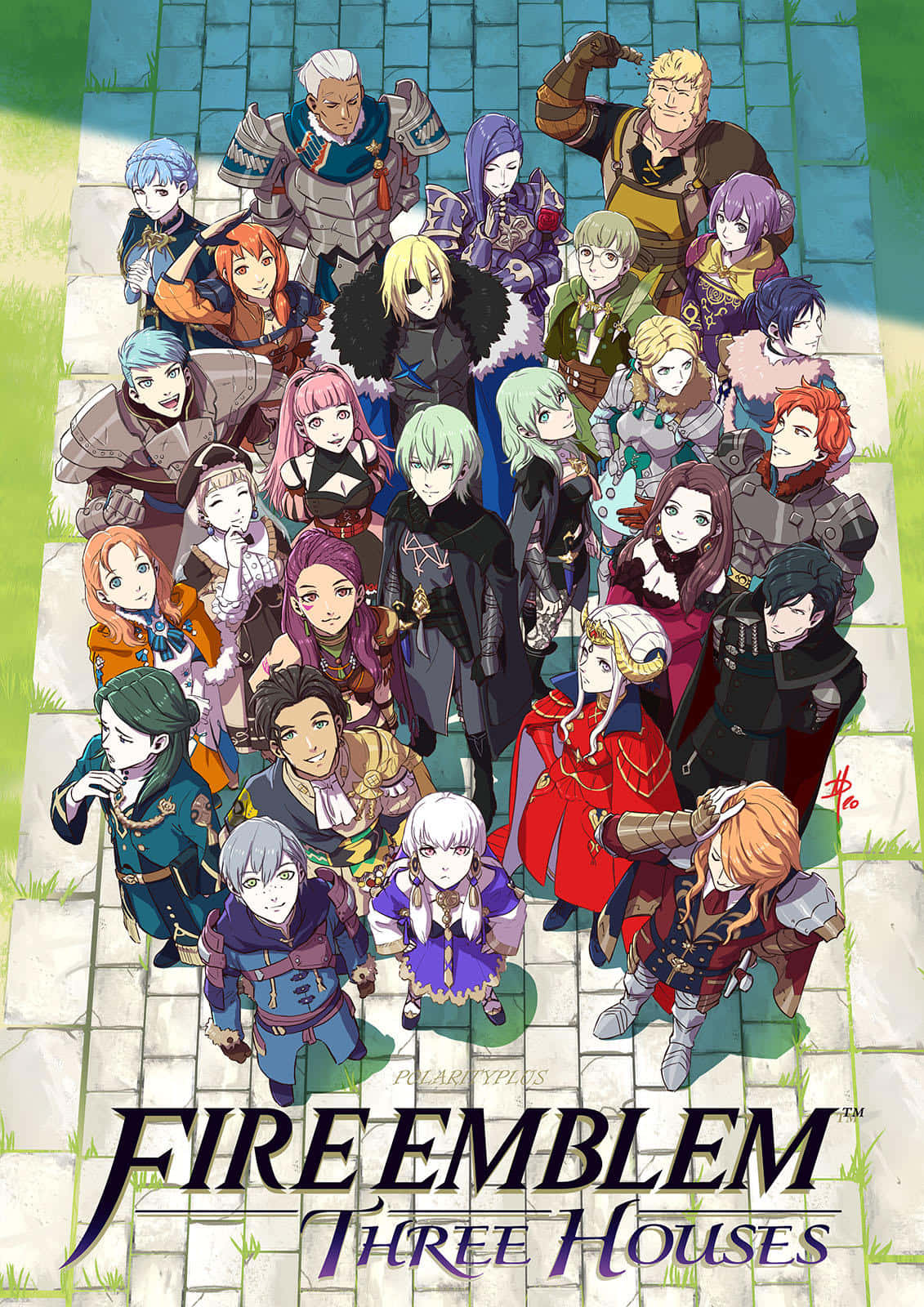 《Fire Emblem Three Houses》動畫角色聚集在石徑上。 — Fire Emblem Warriors 壁紙