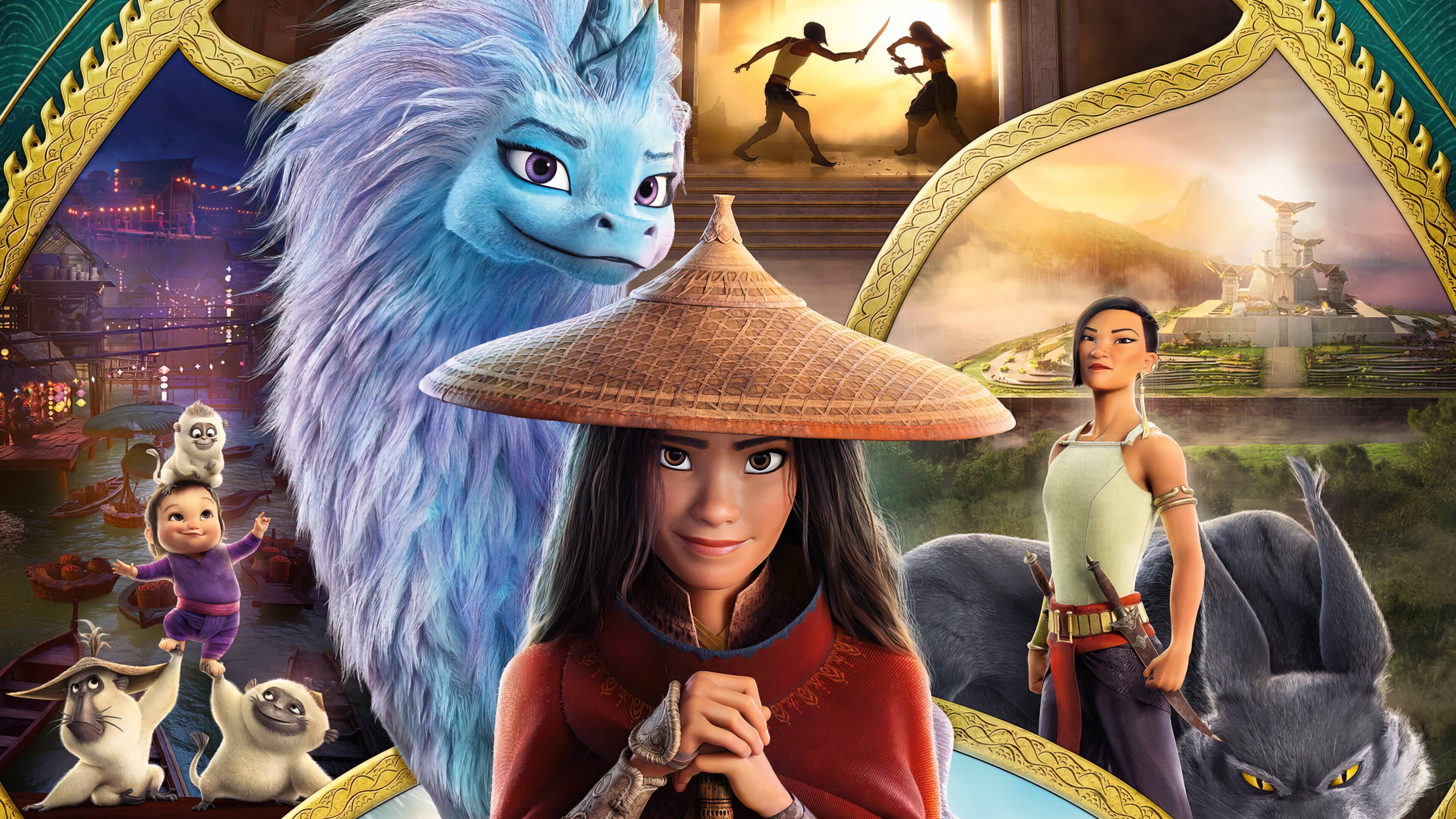Raya 桌布 壁紙 — 一張充滿活力的動畫海報，描繪一個戴著圓錐帽的小女孩，被神話生物和冒險場景包圍。