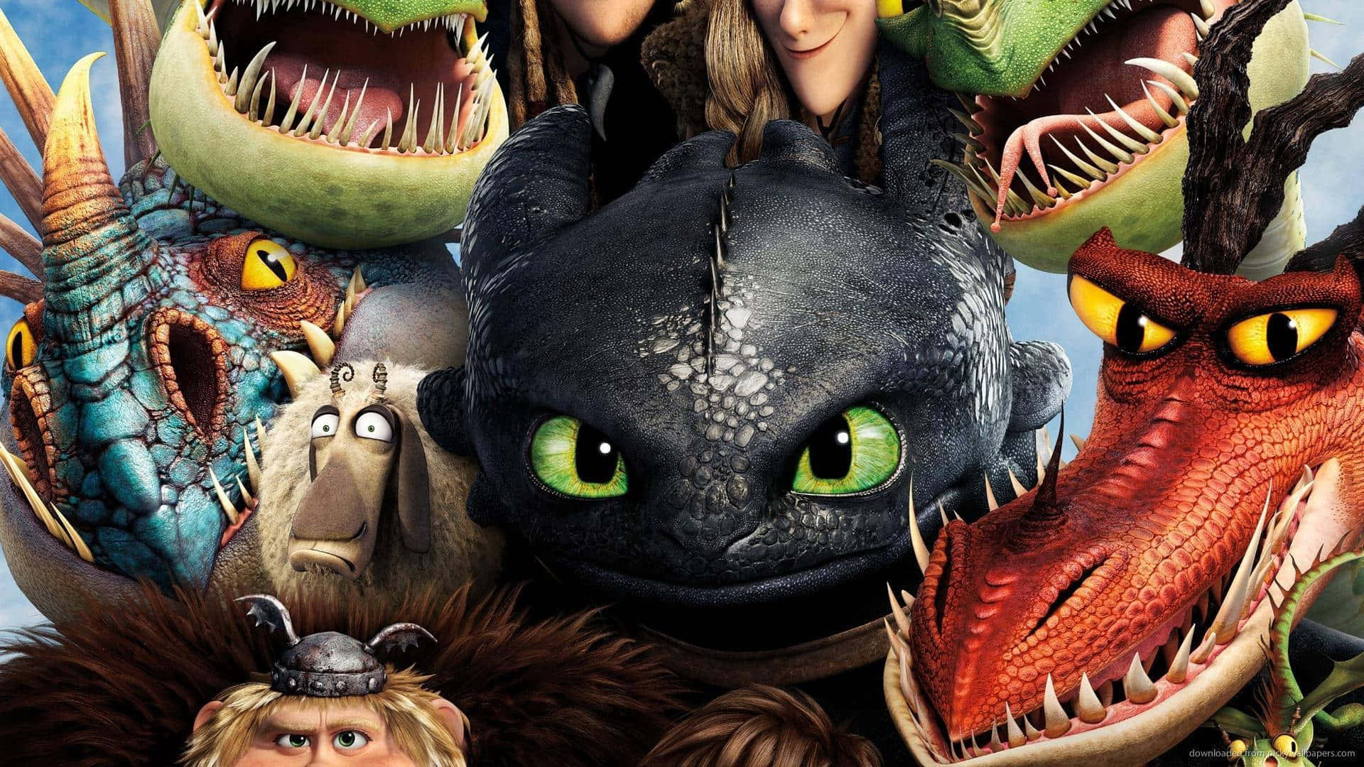 Toothless 和其他龍與維京角色在奇幻動作場景中。 — 馴龍高手 GIF 壁紙