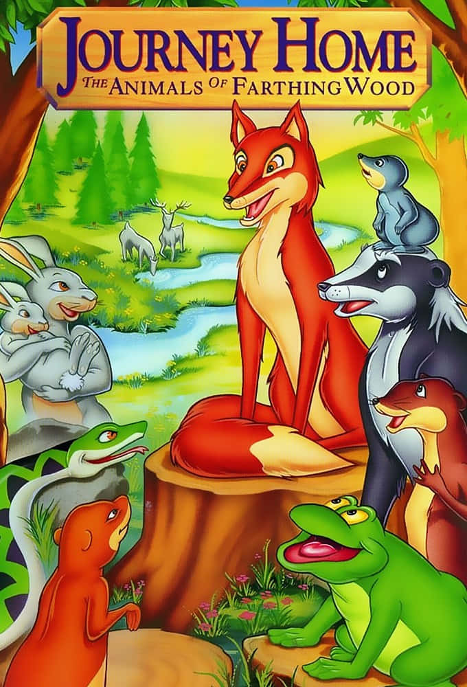 書本 桌布 壁紙 — 一張充滿活力的動畫海報，描繪了一隻紅狐站在樹樁上，周圍是茂密綠色森林中歡快的森林動物。