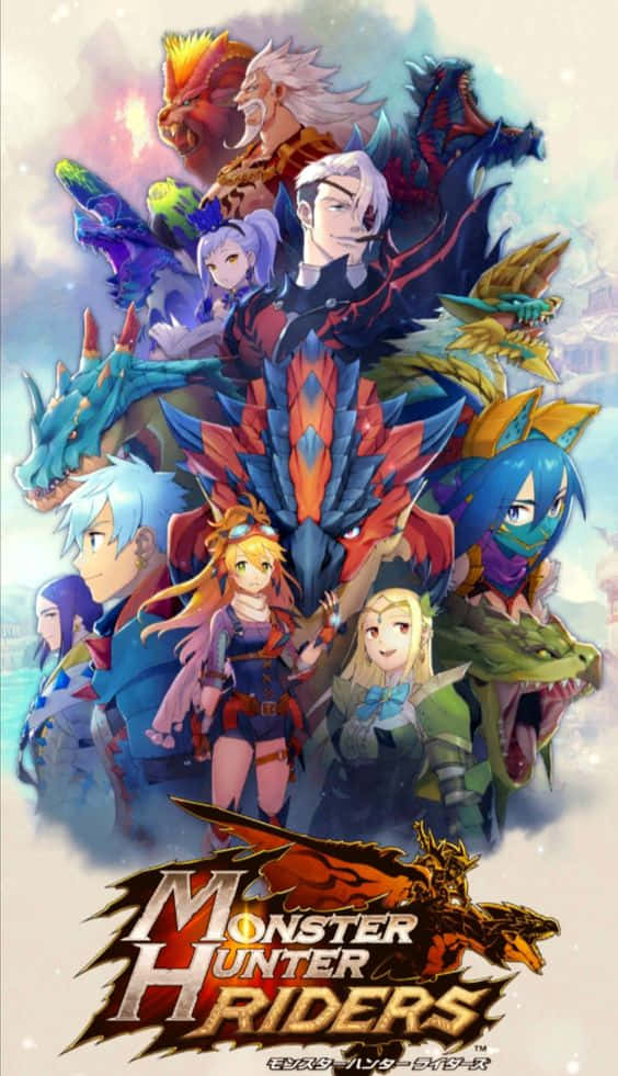 iPhone Xs Monster Hunter World 桌布 壁紙 — 一張充滿活力的動畫海報，描繪了多樣角色騎著色彩繽紛的龍，背景是發光的天空。
