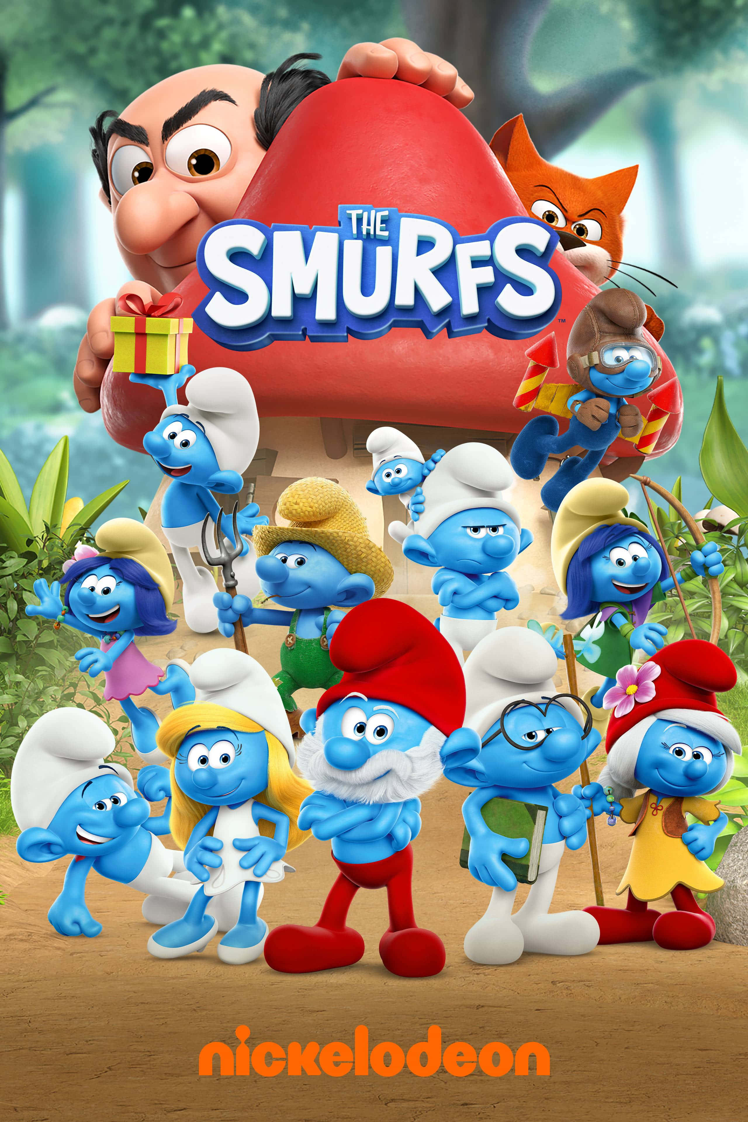 Smurf 桌布 壁紙 — 一張充滿活力的動畫海報，描繪了藍色小精靈和賈不妙在茂密的森林中，有一個巨大的蘑菇屋。