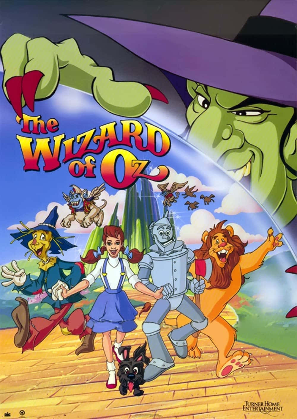 wizard of oz 桌布 壁紙 — 一張充滿活力的動畫海報顯示桃樂絲和她的朋友們沿著黃磚路奔跑，邪惡女巫在他們頭頂盤旋。