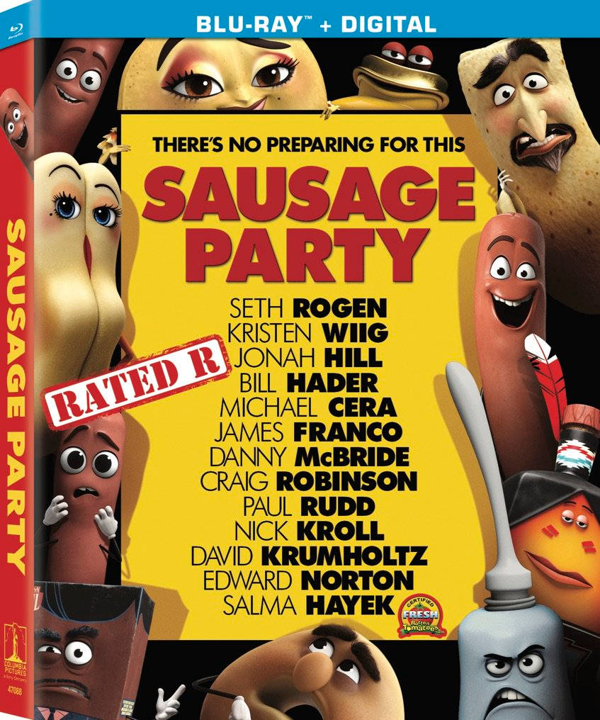 sausage party 桌布 壁紙 — 一張充滿活力的動畫電影海報，以誇張表情的擬人化食物角色為特色，背景為大膽的黃色。