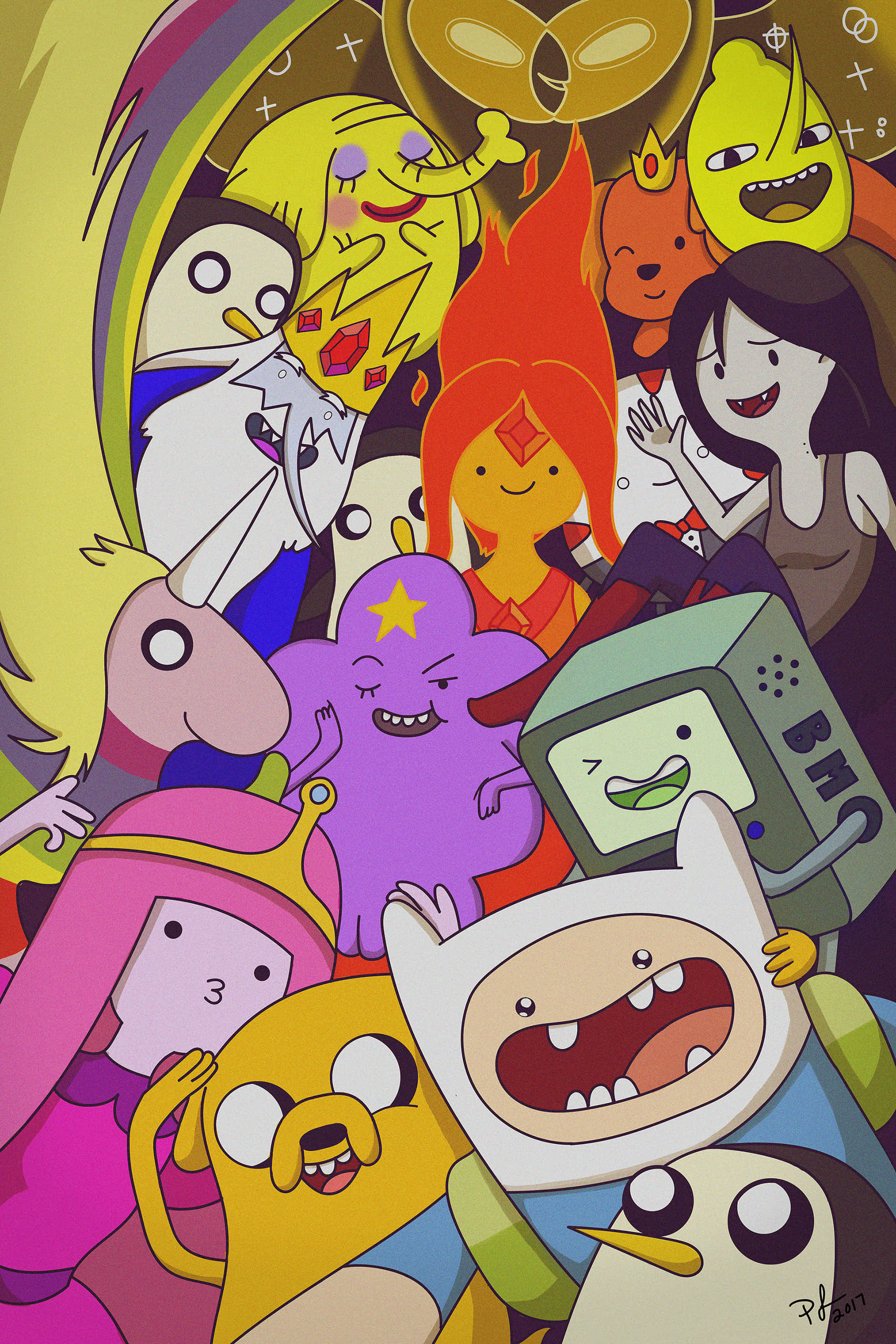 Adventure Time Cute 桌布 壁紙 — 一張充滿活力的卡通拼貼畫，描繪《探險活寶》角色微笑並一起擺姿勢，形成色彩繽紛混亂的群體。