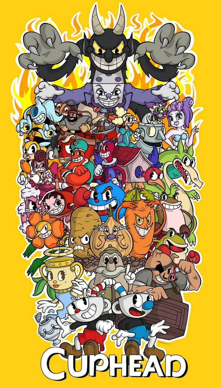 茶杯頭 桌布 壁紙 — 一張充滿活力的卡通海報，以 Cuphead 和他數十個混亂的遊戲角色為特色，背景為明亮的黃色。