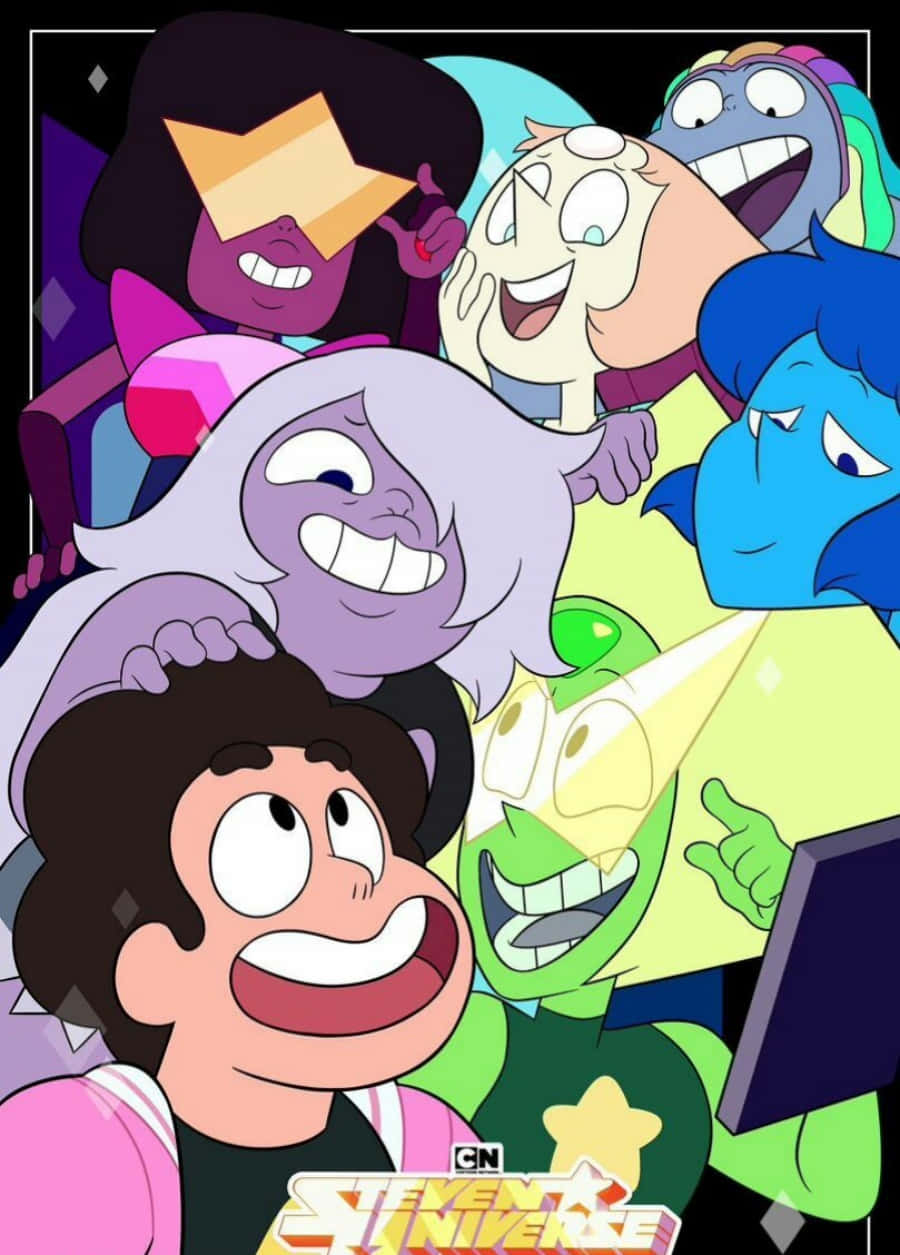 Steven Universe iPad 桌布 壁紙 — 一張充滿活力的卡通海報，展現了《史帝芬宇宙》角色們快樂、富有表情的臉龐，以動態的群體姿勢呈現。