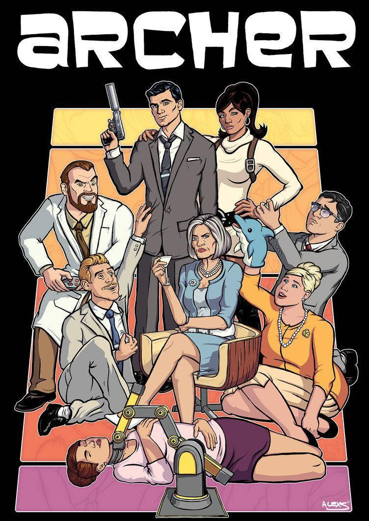 archer 桌布 壁紙 — 一張充滿活力的卡通海報，描繪《Archer》電視劇演員穿著復古間諜服裝，在鮮明的色塊背景前擺出戲劇性姿勢。