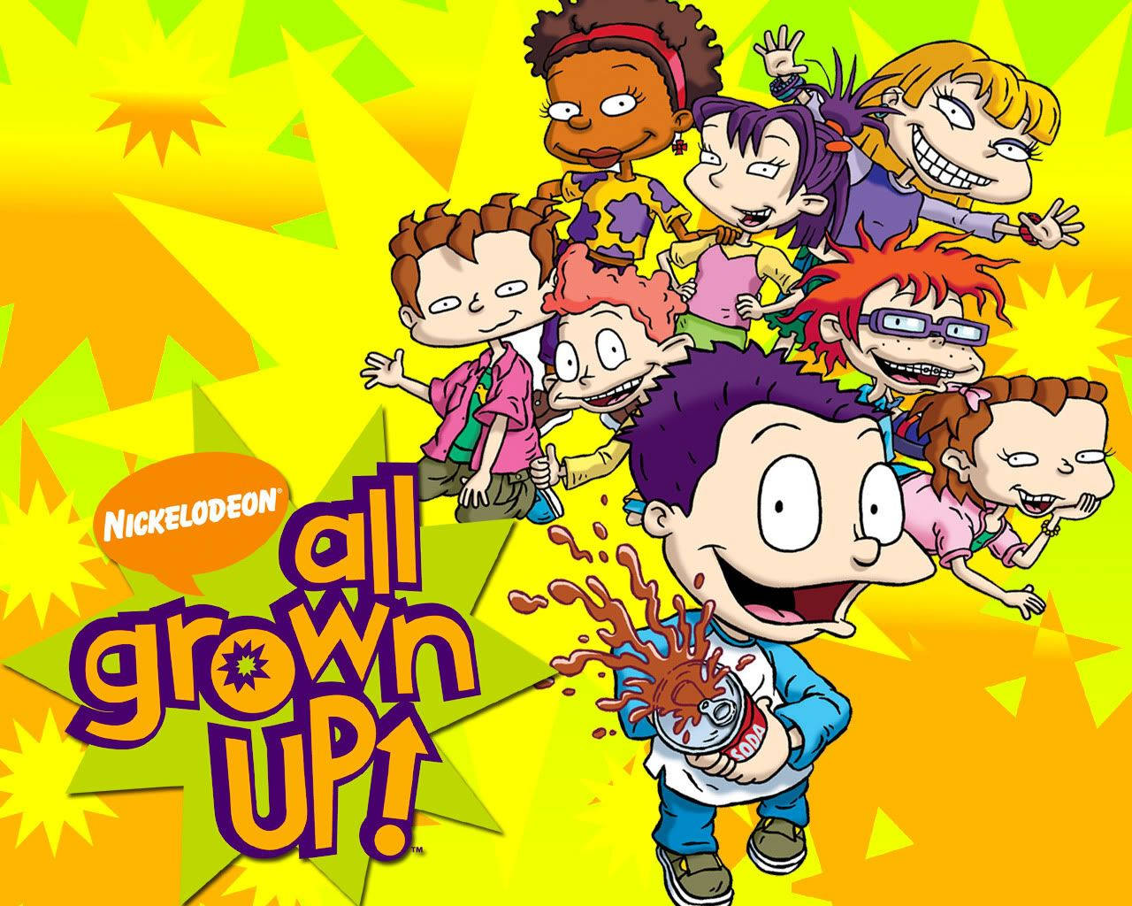 rugrats 桌布 壁紙 — 一張充滿活力的卡通海報，描繪了長大後的 Rugrats 團隊，在黃色星爆背景前充滿能量。