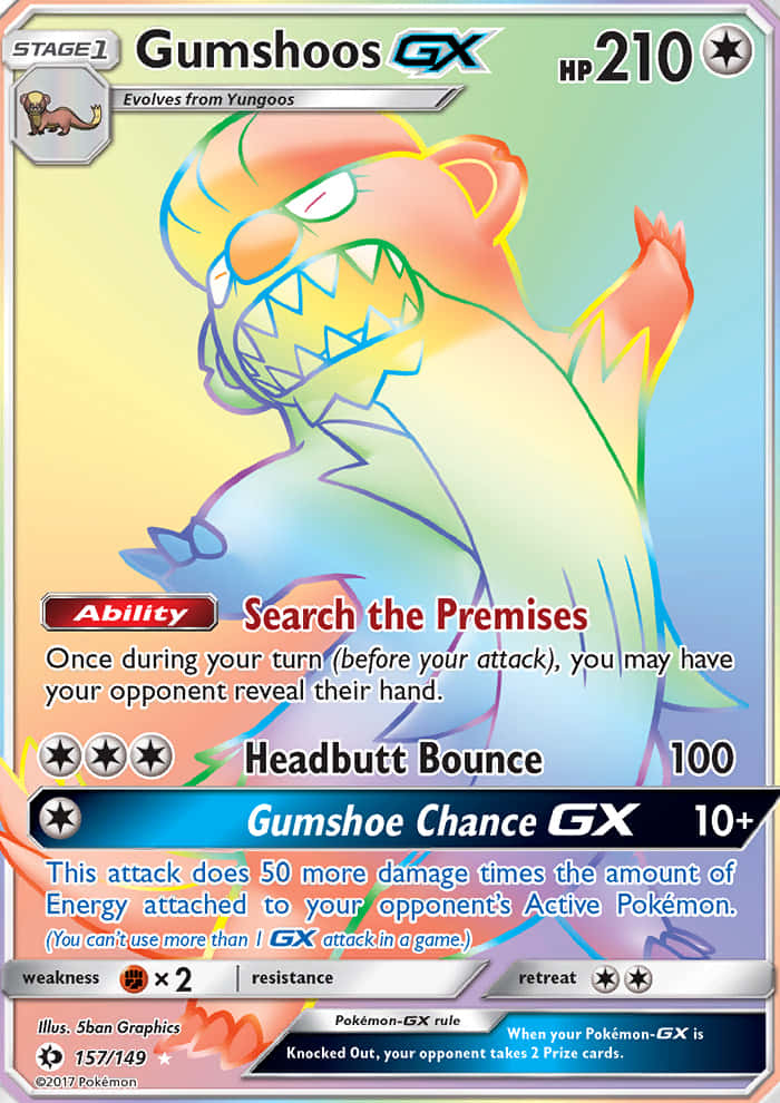 寶可夢 桌布 壁紙 — 一張充滿活力的卡通風格寶可夢卡牌， featuring Gumshoos GX，帶有彩虹輪廓和發光的眼睛，背景為漸變色。
