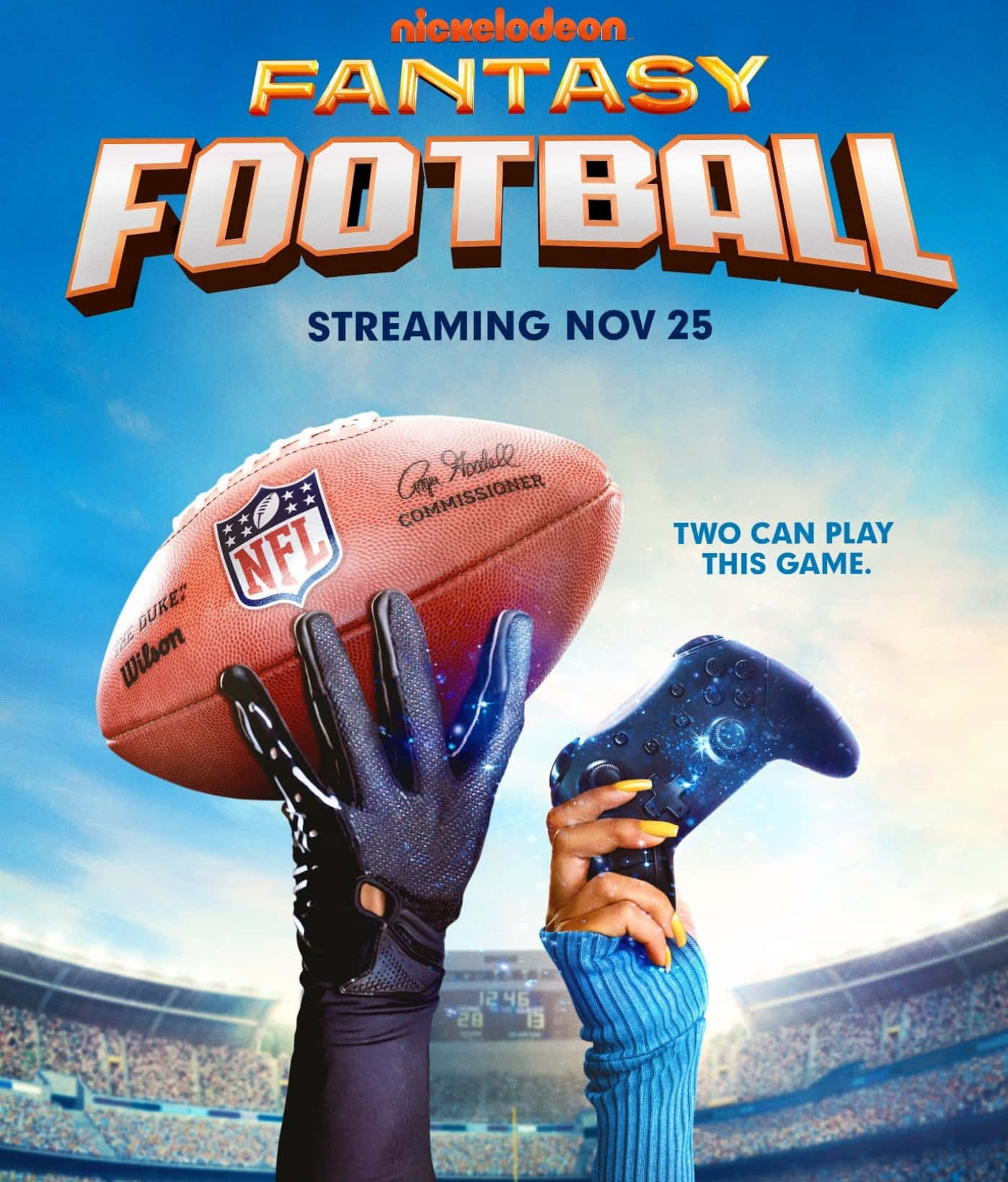 fantasy football 桌布 壁紙 — 一張充滿活力的夢幻足球宣傳海報，展示戴著手套的手拿著足球和遊戲控制器，背景是體育場。