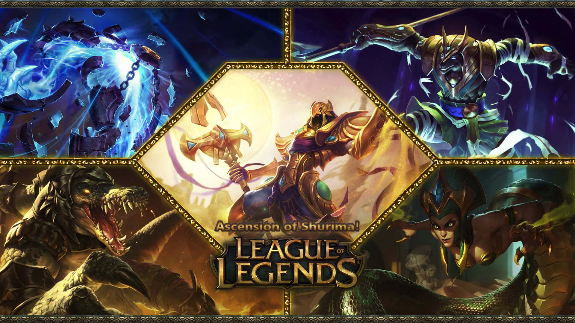 1920x1080 League Of Legends 桌布 壁紙 — 一張充滿活力的奇幻遊戲桌布， featuring 五位來自《英雄聯盟》的英雄冠軍，以動態姿勢呈現，背景是發光的魔法場景。