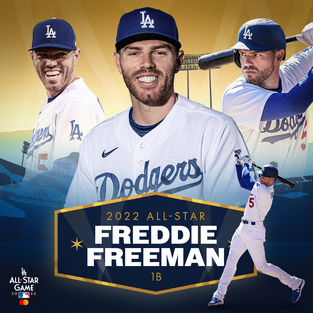 Freddie Freeman 桌布 壁紙 — 一張充滿活力的宣傳圖像，展示身穿道奇隊球衣的棒球選手弗雷迪·弗里曼，以多個動作姿勢呈現在球場背景下。