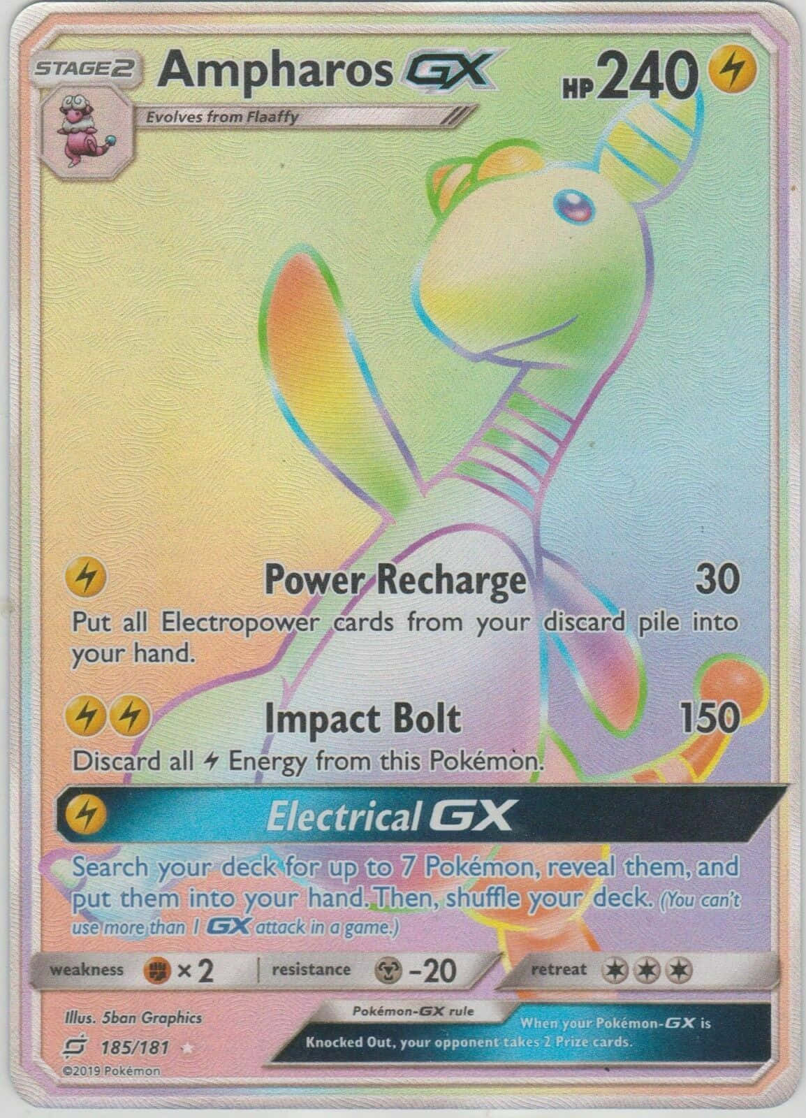 Pokemon Card 桌布 壁紙 — 一張充滿活力的寶可夢卡牌， featuring Ampharos GX，帶有彩虹色調和電系主題藝術。