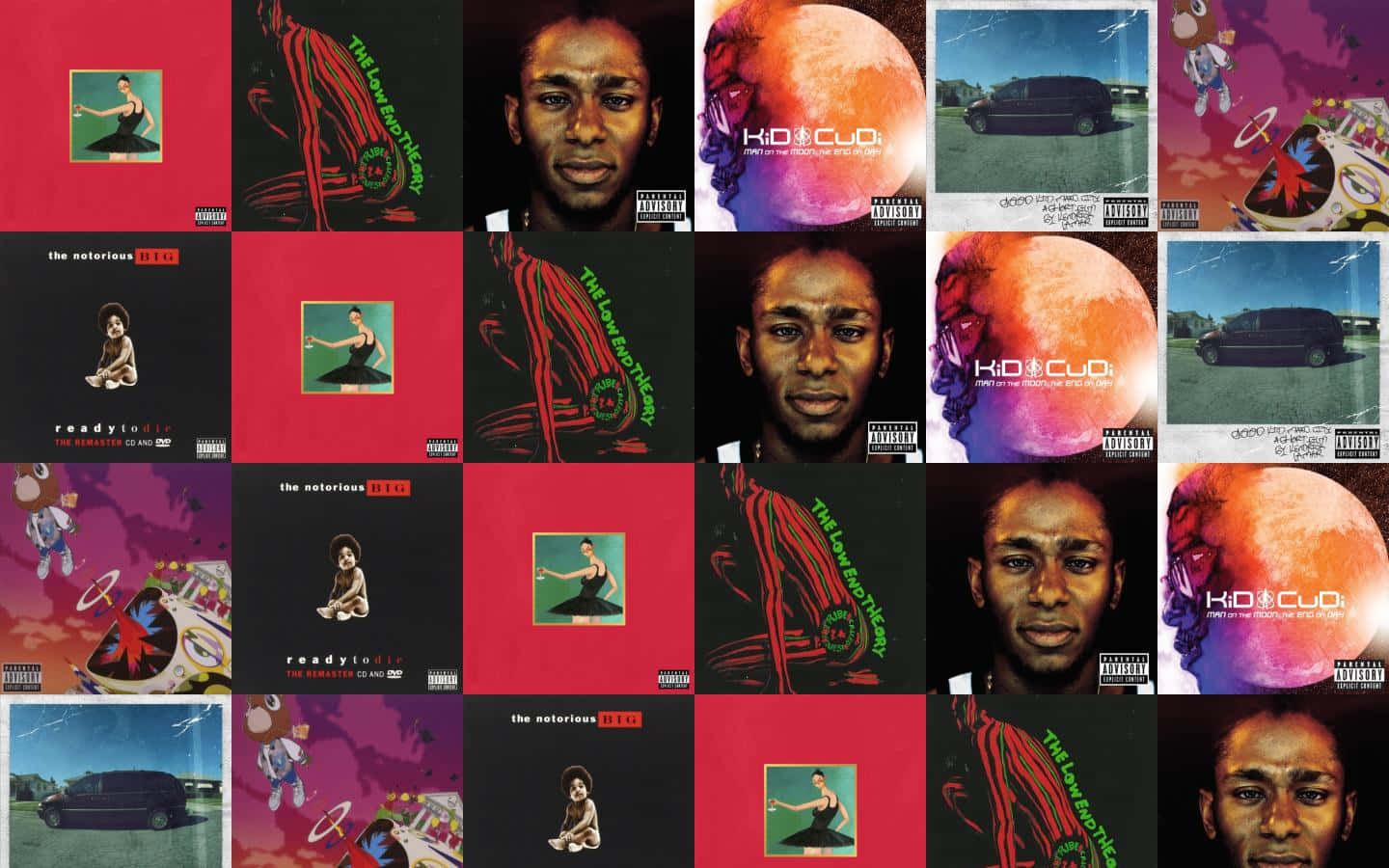 kanye west android 桌布 壁紙 — 一張充滿活力的專輯封面拼貼畫， featuring 藝術家如 Kid Cudi 和 The Notorious B.I.G.，色彩大膽，圖像多樣。