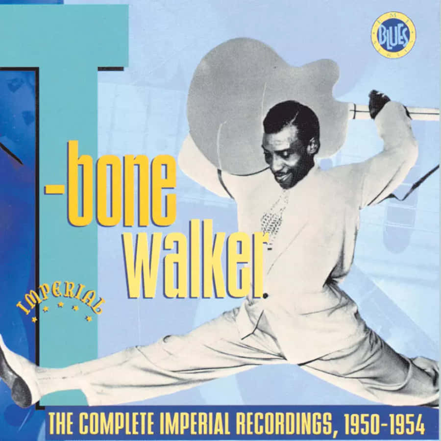 artist 桌布 壁紙 — 一張充滿活力的復古專輯封面顯示 T-bone Walker 在分腿跳躍中拿著吉他，背景為風格化的藍色。