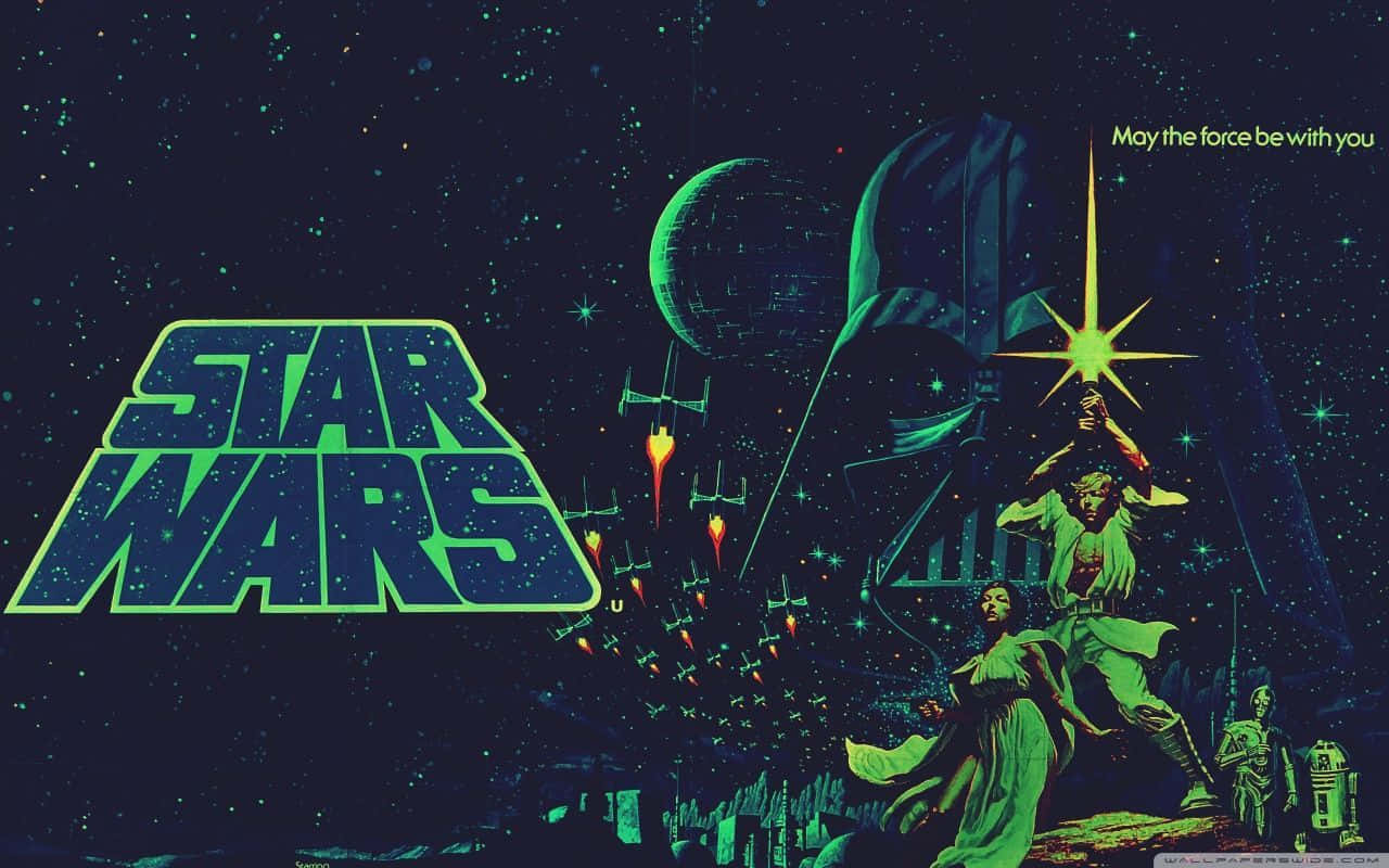 酷炫星際大戰 桌布 壁紙 — 一張充滿活力的復古星際大戰海報， featuring 達斯維達、路克天行者、莉亞、R2-D2、死星和X翼戰機，背景是星空。