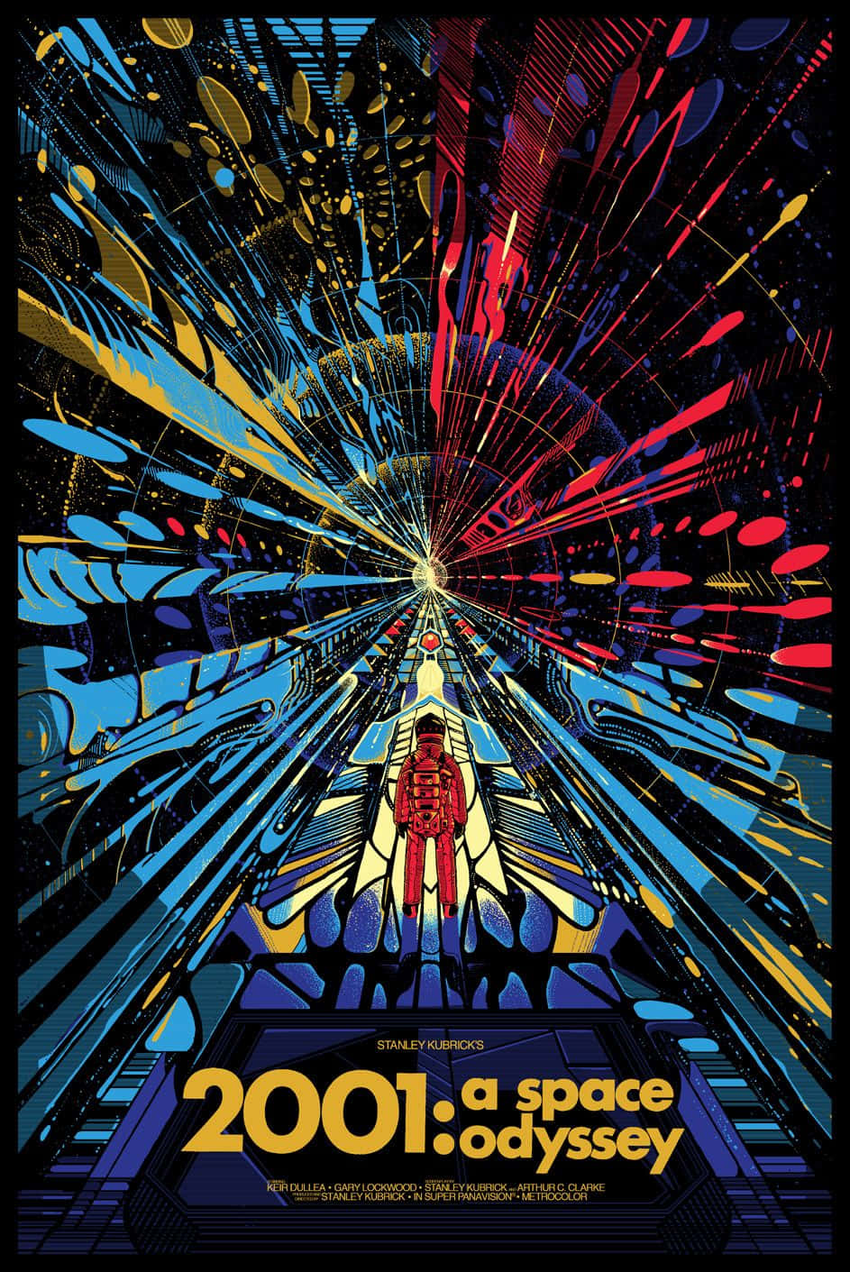 2001 A Space Odyssey 桌布 壁紙 — 一張充滿活力的復古未來主義海報，為2001 a space odyssey設計，展示一位孤獨的太空人在充滿宇宙色彩和幾何圖案的隧道中。