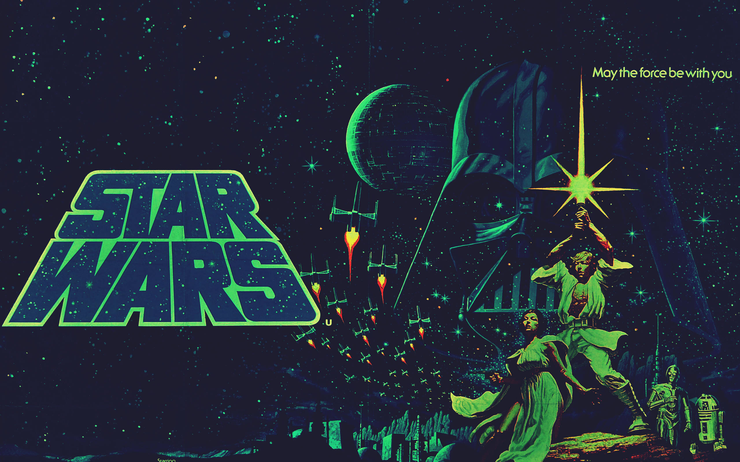 暴風兵 桌布 壁紙 — 一張充滿活力的復古風格星際大戰海報， featuring Darth Vader、Luke Skywalker、Leia、R2-D2 和死星，背景是星空。