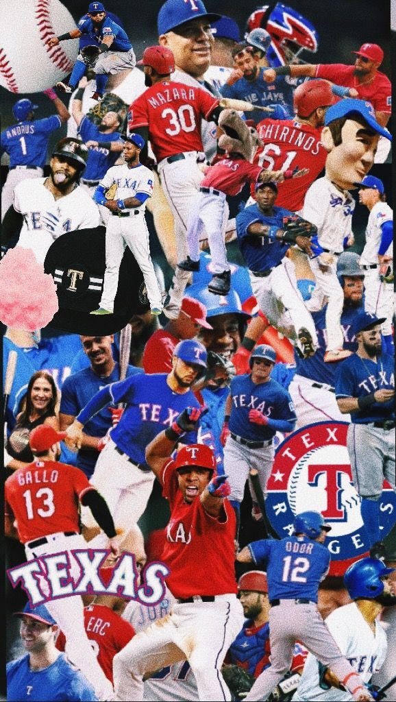 Texas Rangers 桌布 壁紙 — 一張充滿活力的德州遊騎兵棒球選手拼貼畫，展示動作姿勢和制服，並包含球隊標誌和選手姓名。