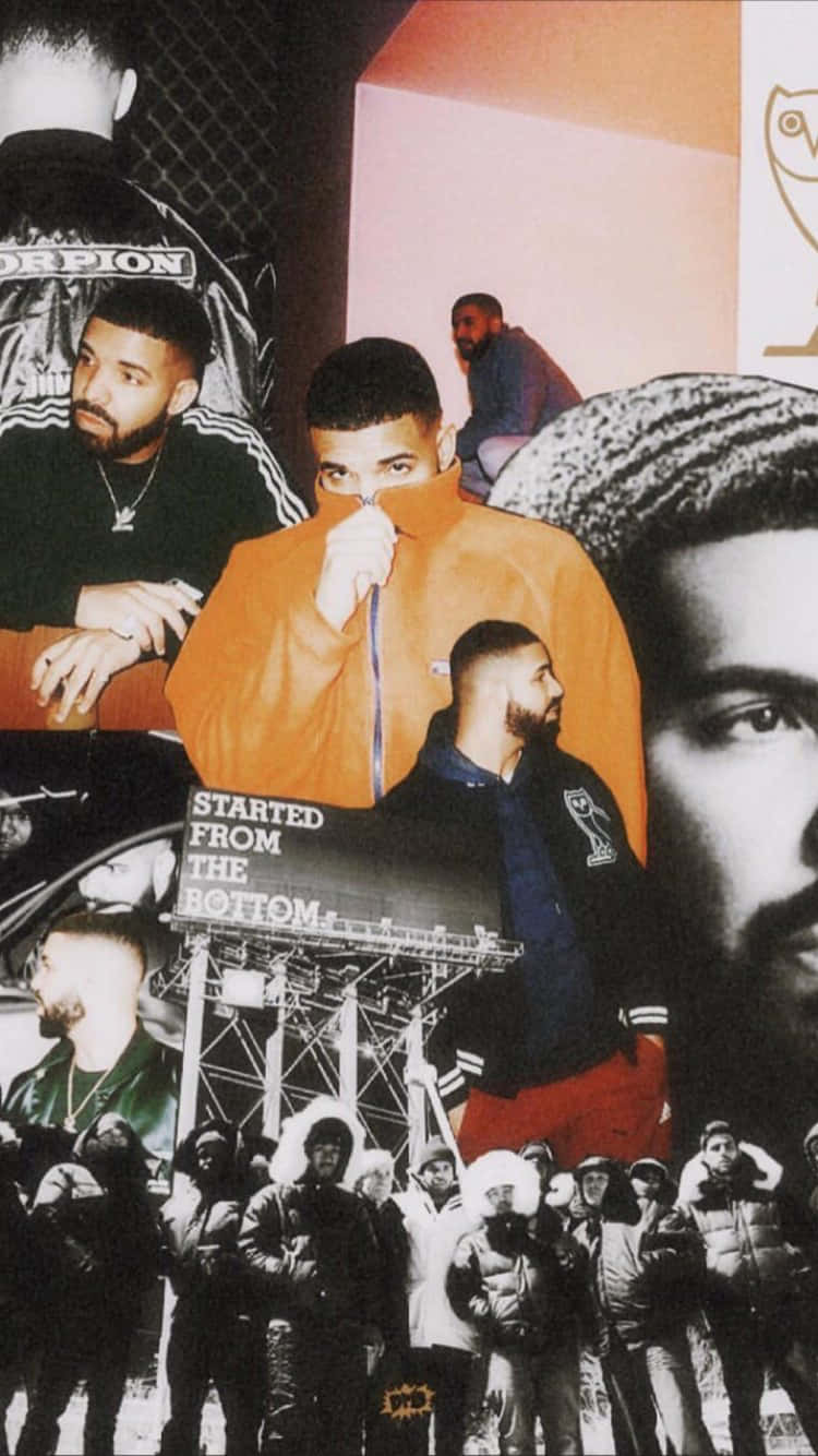 Aesthetic Drake 桌布 壁紙 — 一張充滿活力的拼貼畫，Drake 以各種姿勢和服裝疊加在人群和城市背景上。