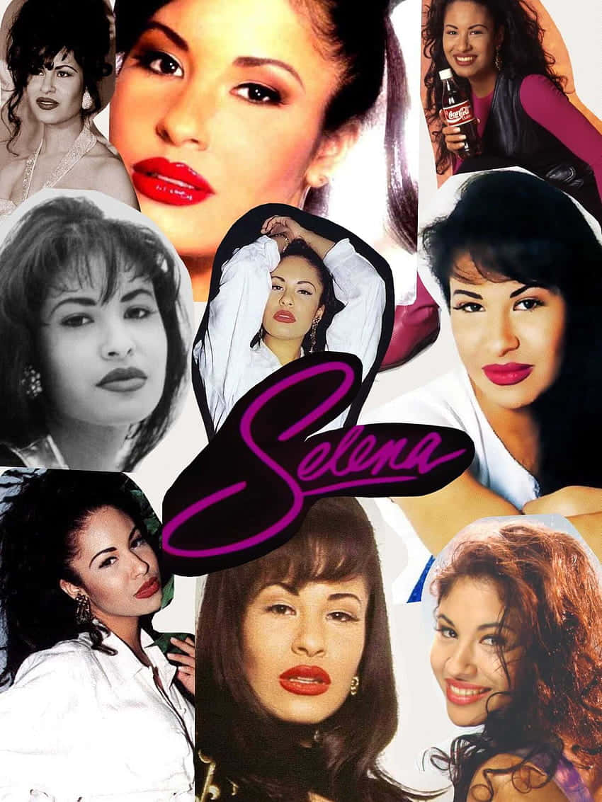 Selena Quintanilla iPhone 桌布 壁紙 — 一張充滿活力的拼貼畫，以Selena Quintanilla的標誌性肖像為特色，搭配大膽的紅唇和居中的紫色'Selena'標誌。