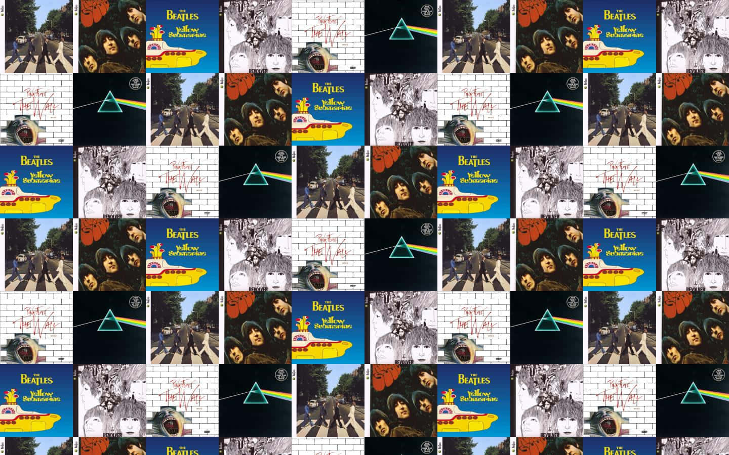 Yellow Submarine 桌布 壁紙 — 一張充滿活力的拼貼畫，以重複網格圖案排列披頭四標誌性的專輯封面。