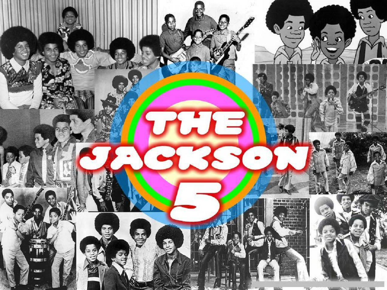 麥可·傑克森 桌布 壁紙 — 一張充滿活力的拼貼畫，包含 Jackson 5 的黑白照片和卡通圖像，周圍環繞著色彩繽紛的彩虹圓圈標誌。