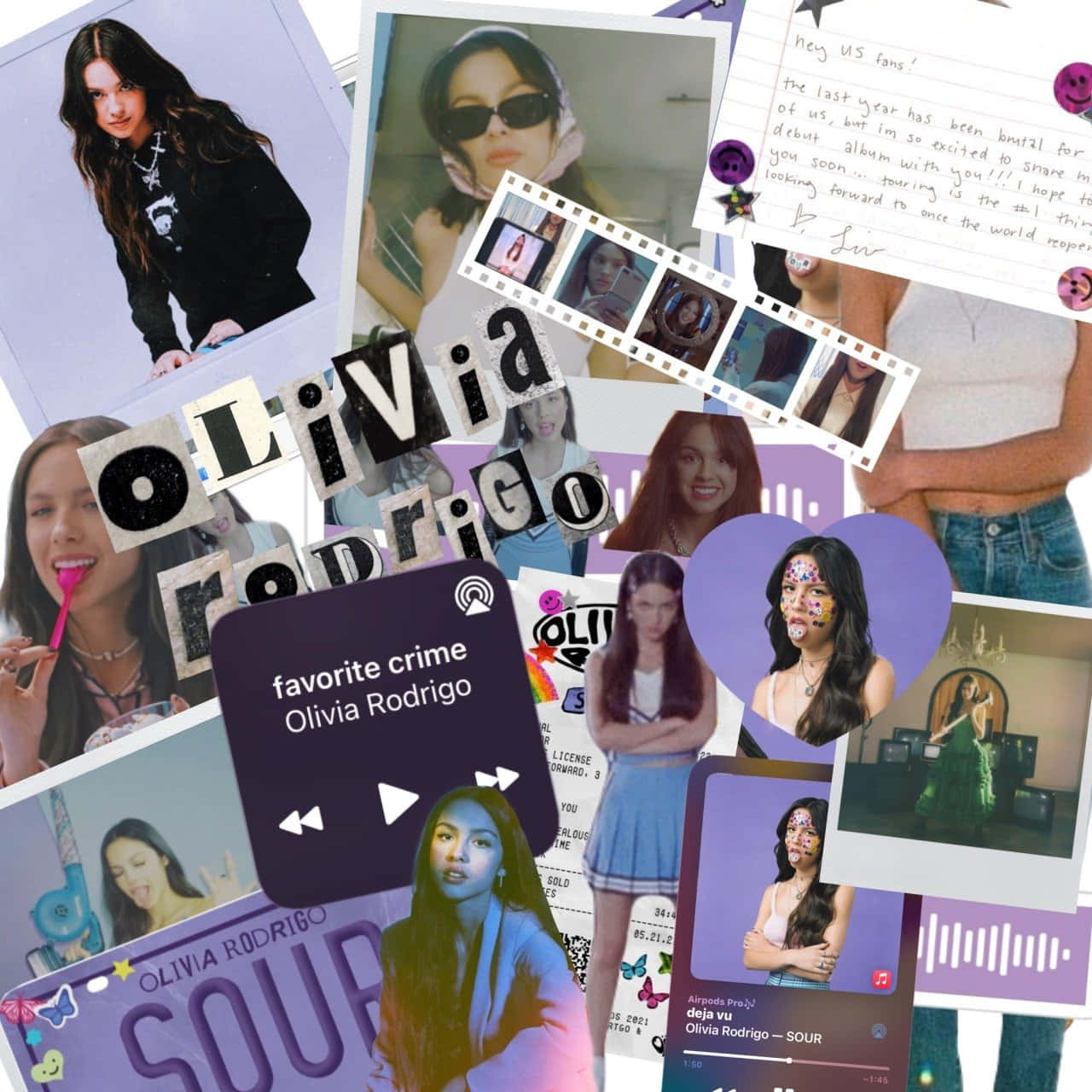 奧莉維亞·羅德里戈 桌布 壁紙 — 一張充滿活力的拼貼畫，包含 Olivia Rodrigo 的照片、手寫筆記和 Spotify 專輯封面，以動態的粉絲致敬佈局排列。