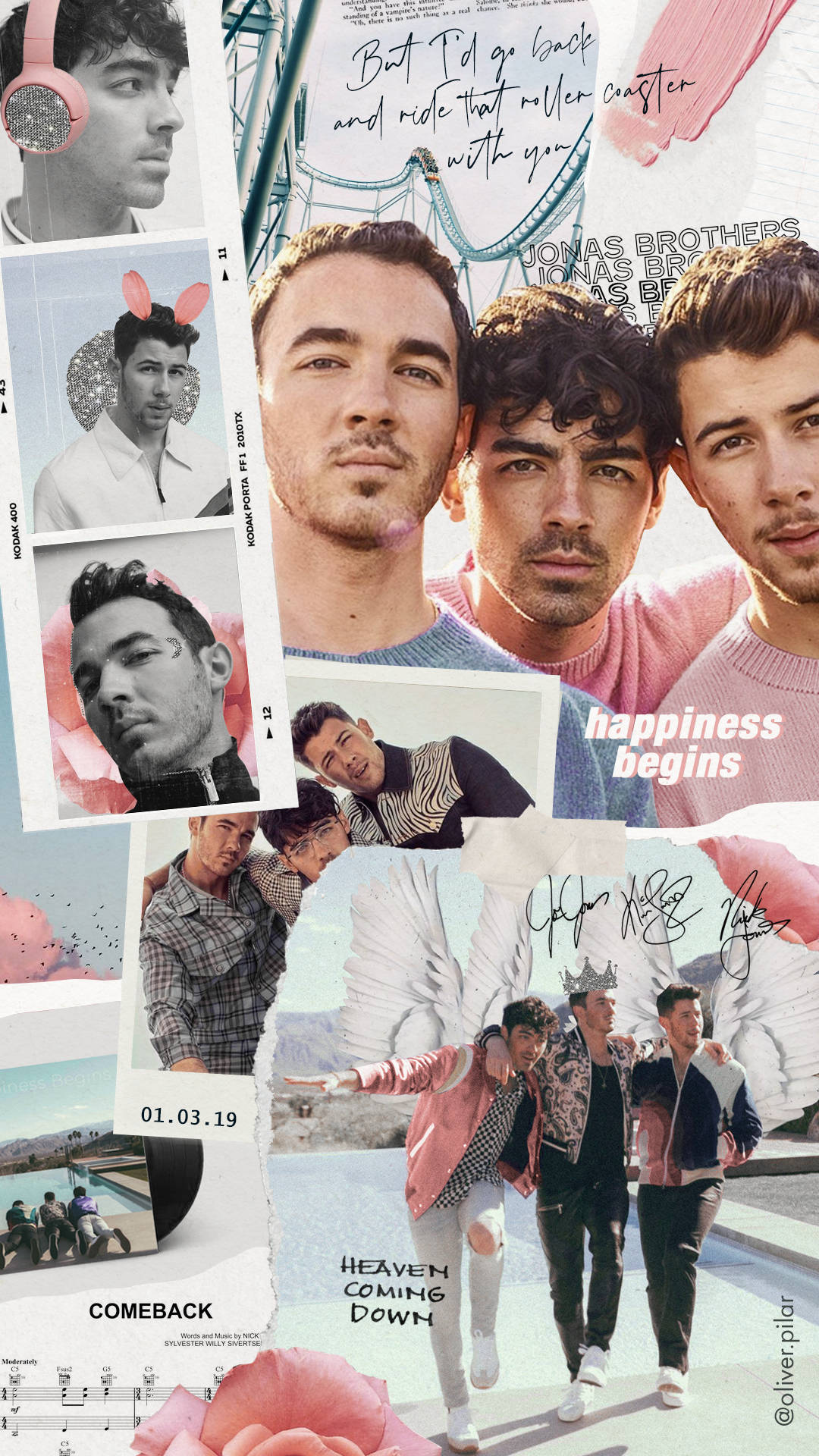 Jonas Brothers 桌布 壁紙 — 一張充滿活力的拼貼畫，包含Jonas Brothers的照片、語錄和粉紅色花卉點綴，以動態剪貼簿風格排列。