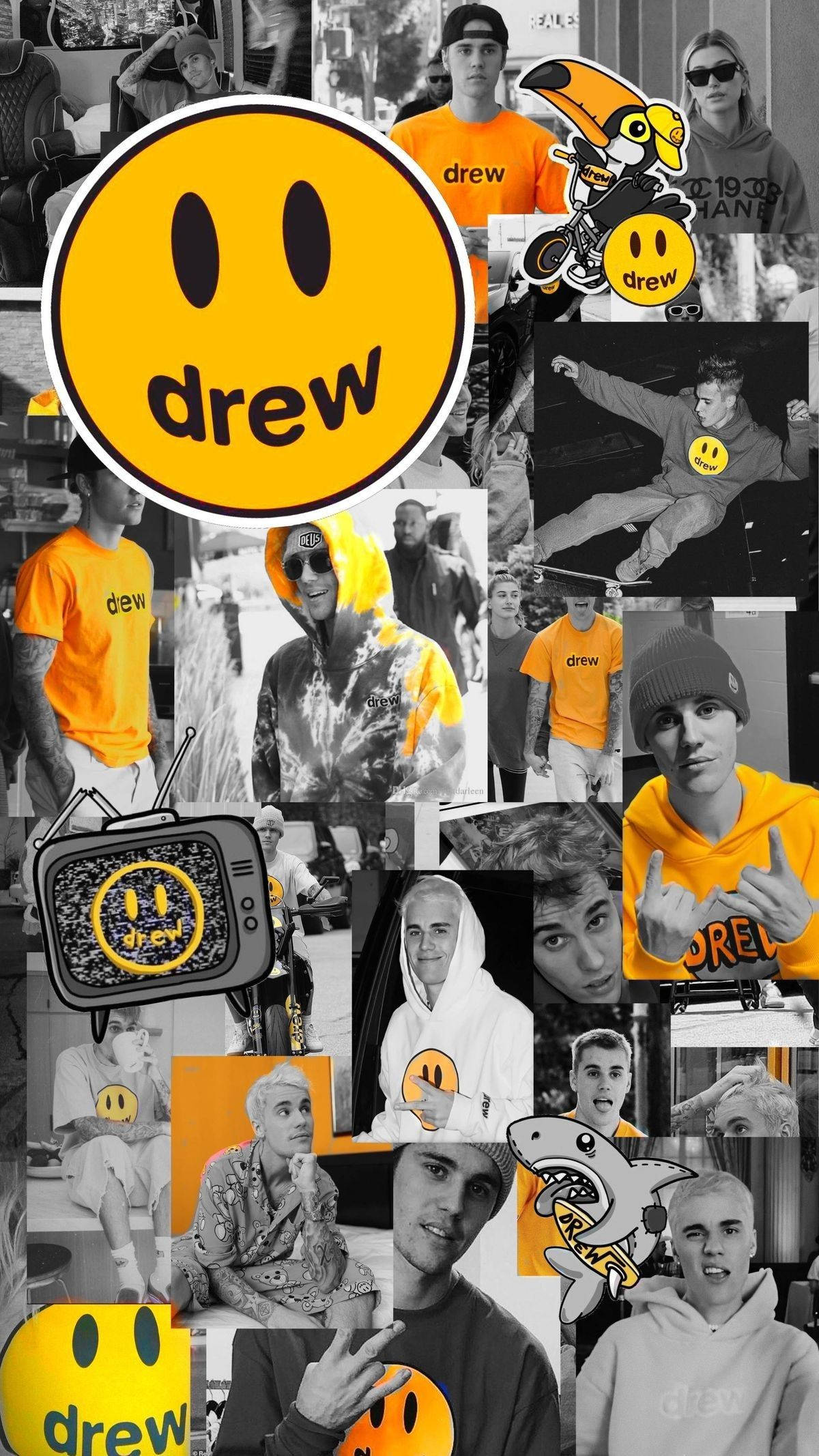 小賈斯汀 桌布 壁紙 — 一張充滿活力的拼貼畫，包含Justin Bieber的照片和Drew House品牌元素，特色是橙色笑臉標誌和黑白圖像。