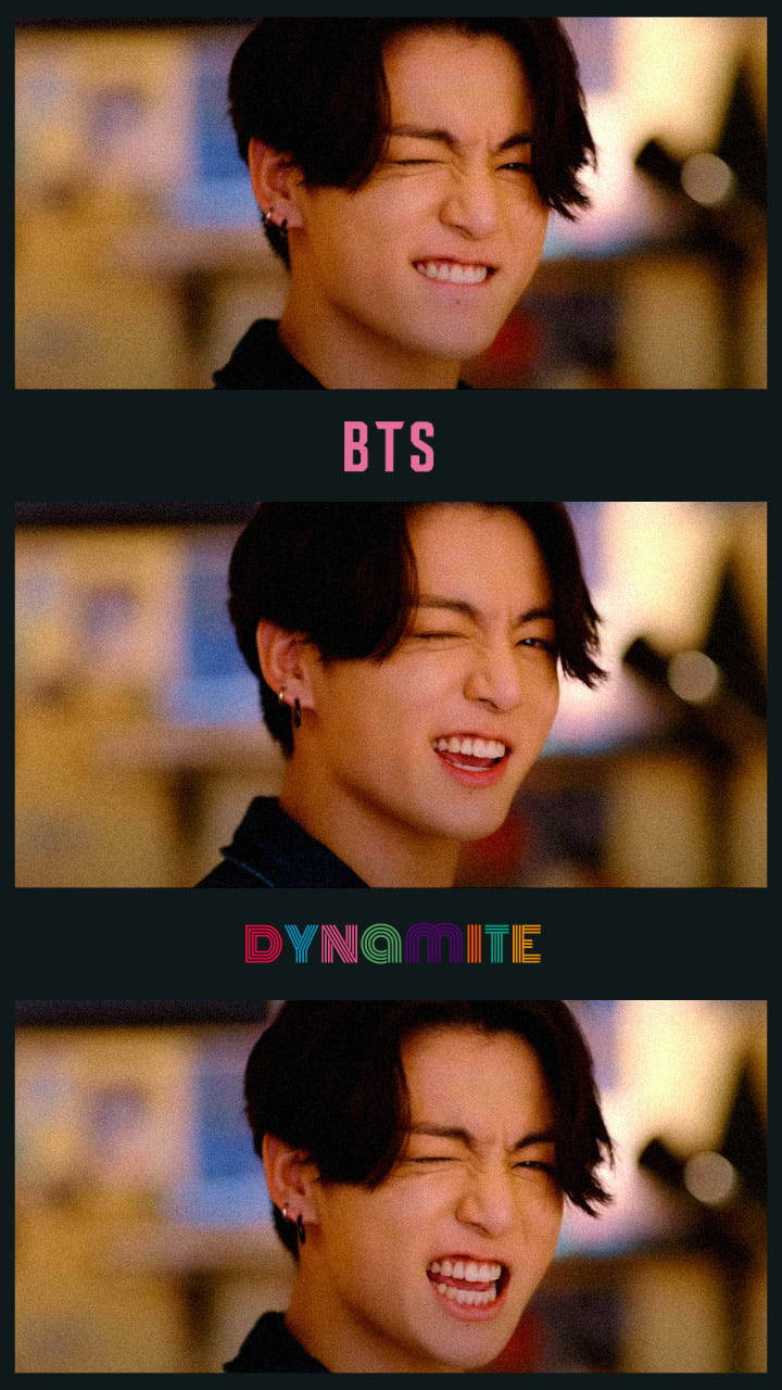 Bts Dynamite 桌布 壁紙 — 一張充滿活力的拼貼畫，包含三個表情豐富的特寫鏡頭，一位微笑的黑髮戴耳環男士，背景是模糊的暖色調。