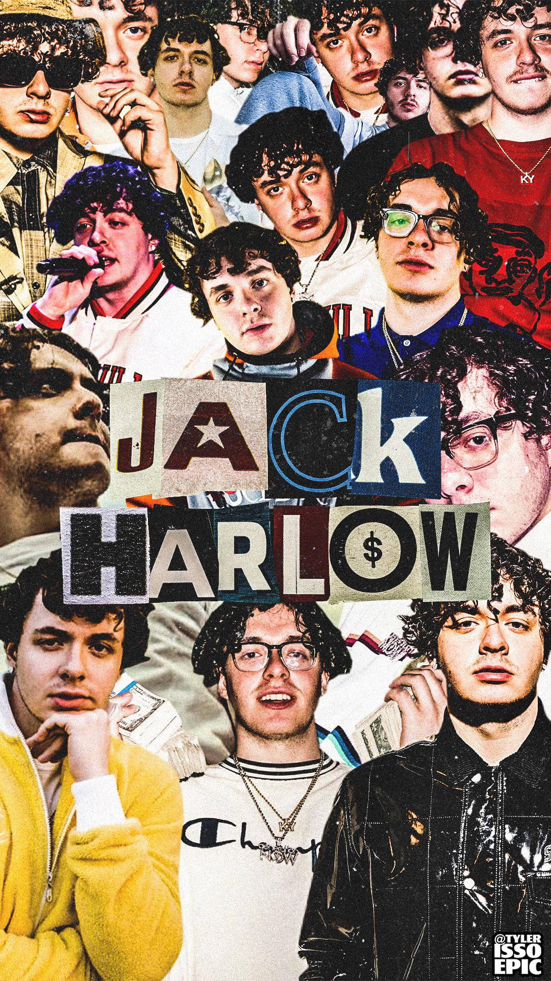 Harlow 桌布 壁紙 — 一張充滿活力的拼貼畫，展示Jack Harlow各種姿勢和服裝，並帶有粗體文字疊加。