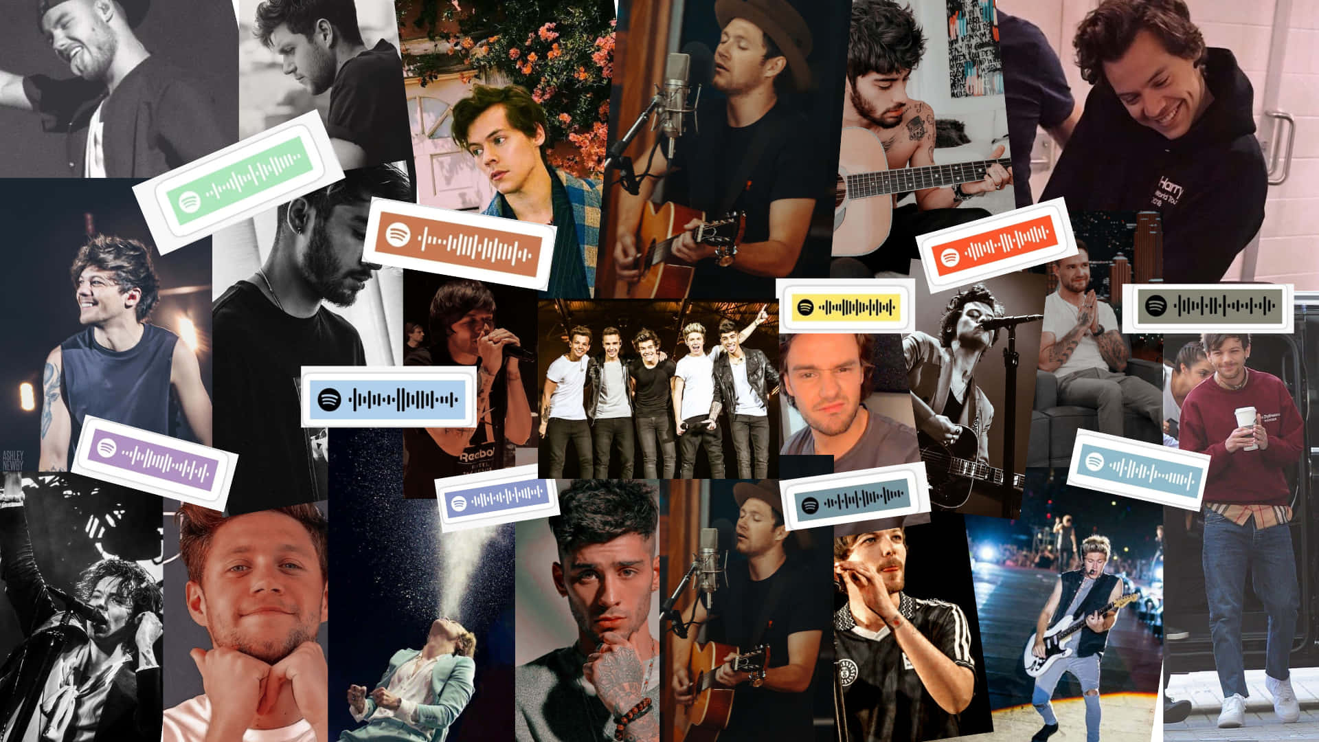 One Direction Laptop 桌布 壁紙 — 一張充滿活力的拼貼畫，展示One Direction樂團成員在各種自然和表演時刻，並疊加Spotify波形圖形。