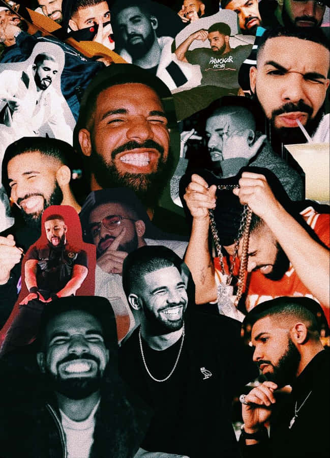 Aesthetic Drake 桌布 壁紙 — 一張充滿活力的拼貼畫，展示了Drake各種富有表現力的姿勢和服裝，並以大膽的色彩和動態角度層疊呈現。