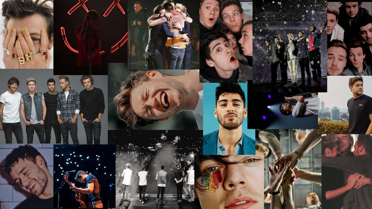 One Direction Laptop 桌布 壁紙 — 一張充滿活力的拼貼畫，展示了One Direction樂團成員在不同場景和燈光下的自然瞬間和表演時刻。